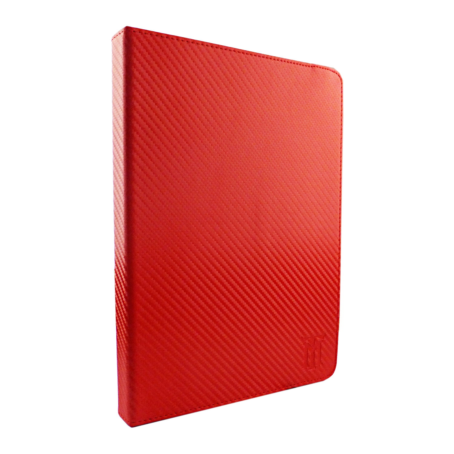 Cuaderno rojo de fibra de carbono con costuras y logo al frente.