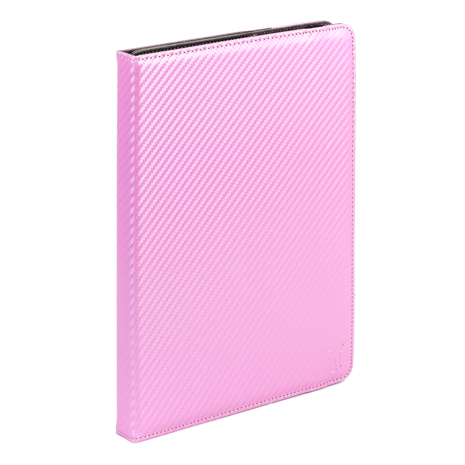 Una funda para tableta rosa claro con patrón de fibra de carbono y logo abajo a la derecha.