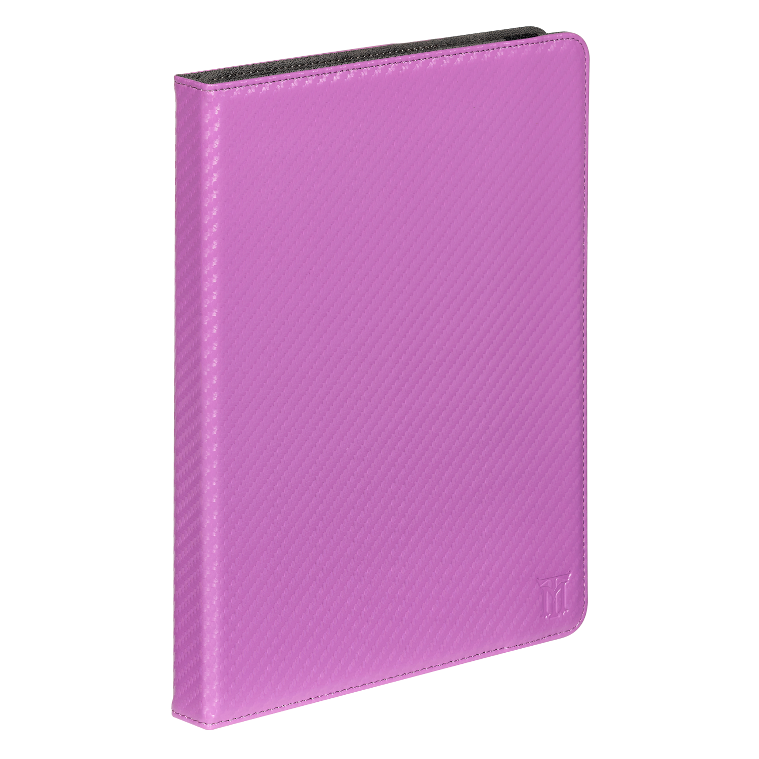 Una funda morada con textura de fibra de carbono y un logo al frente.