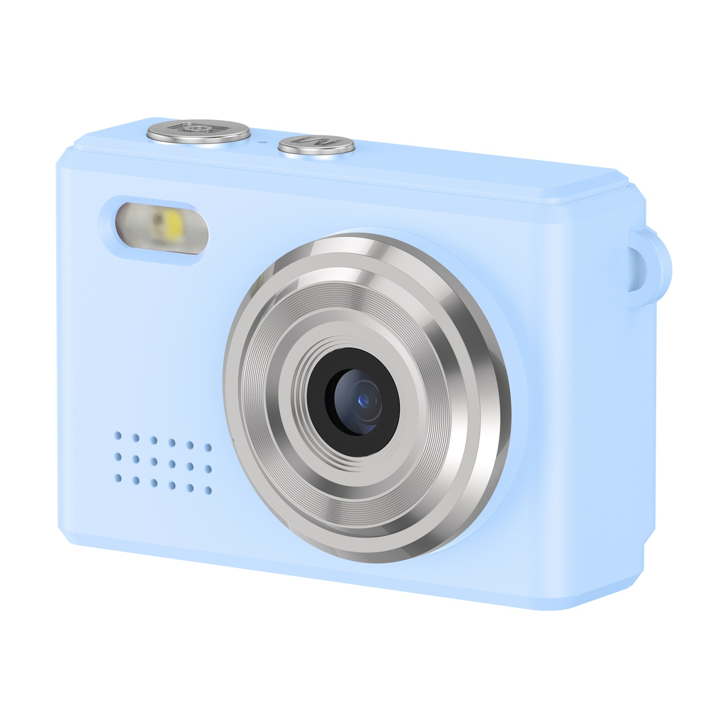 Una fotocamera digitale azzurra con obiettivo e pulsanti argentati su sfondo bianco.