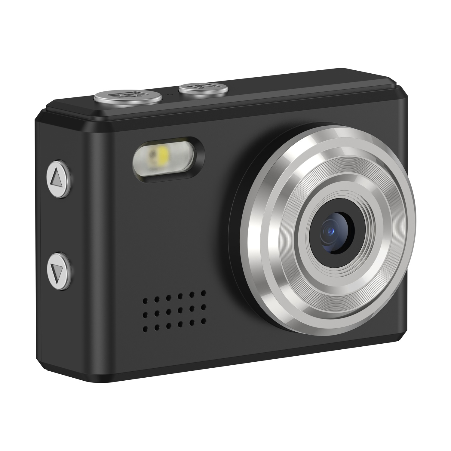 Compatta fotocamera digitale nera con ghiera lente argentata, flash e pulsanti.
