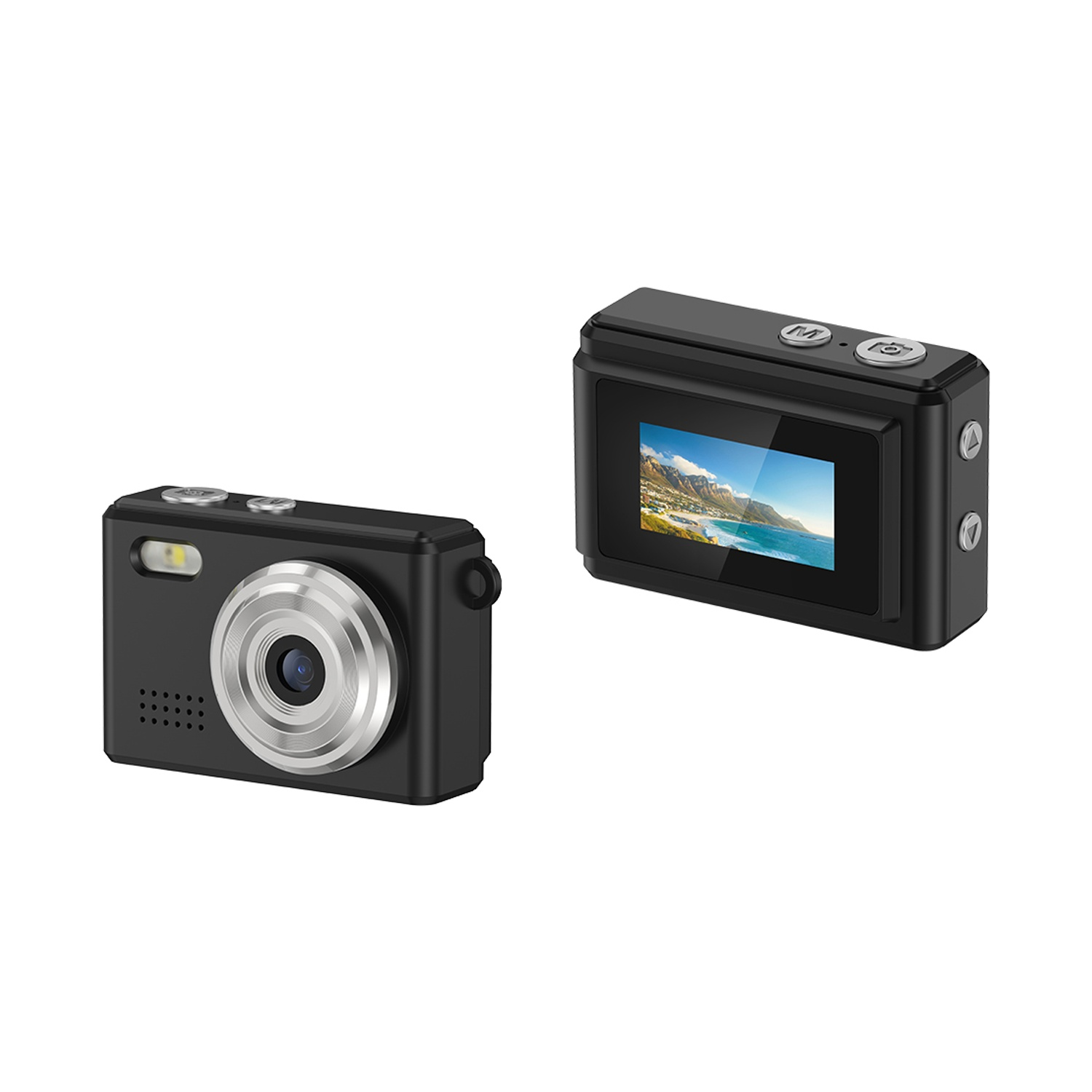 Due fotocamere digitali nere su sfondo bianco.