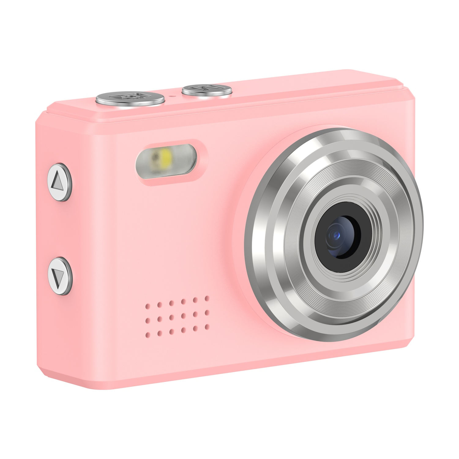 Una piccola fotocamera digitale rosa con pulsanti e obiettivo argentati. Flash visibile.