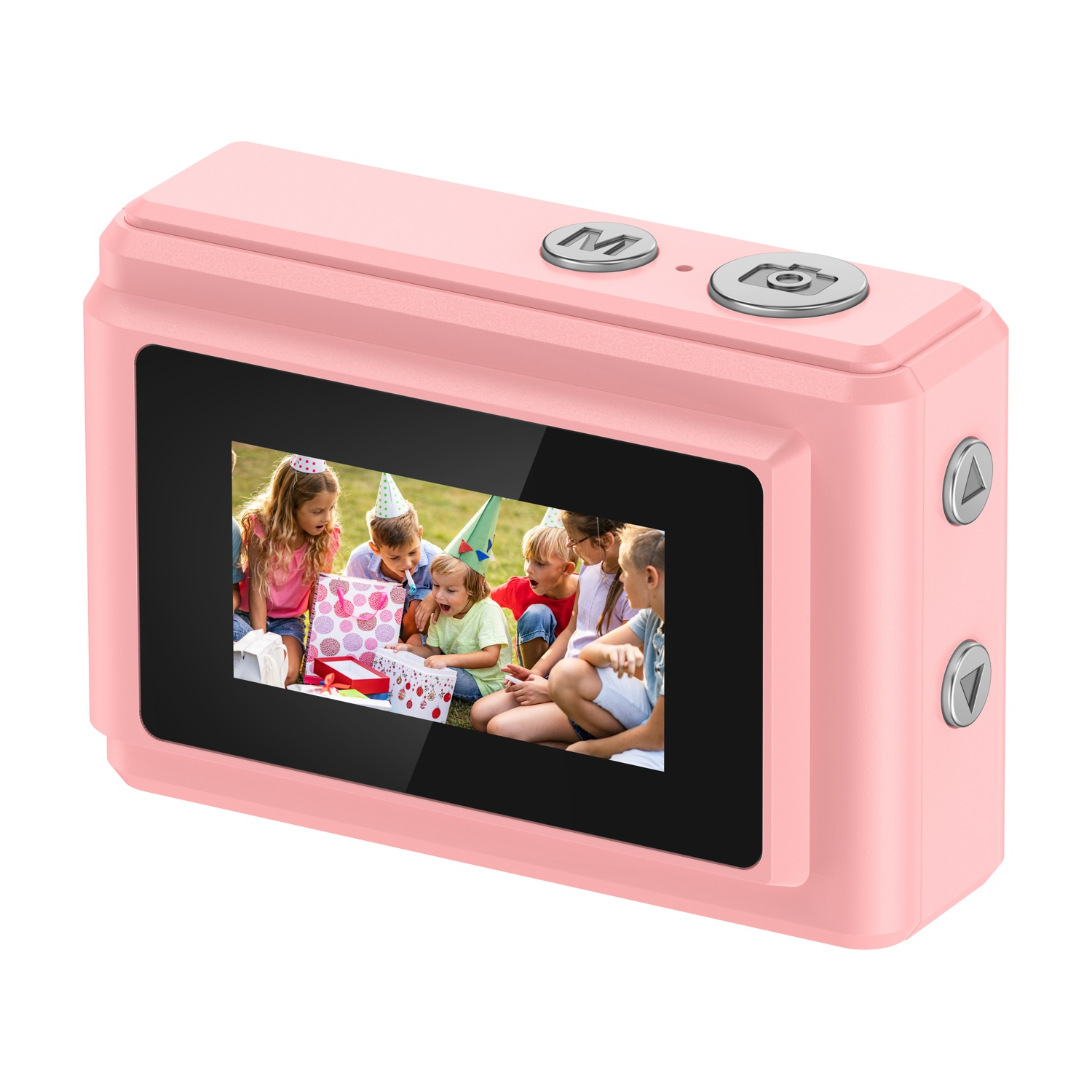Fotocamera digitale rosa mostra bambini con temi di compleanno e regali.