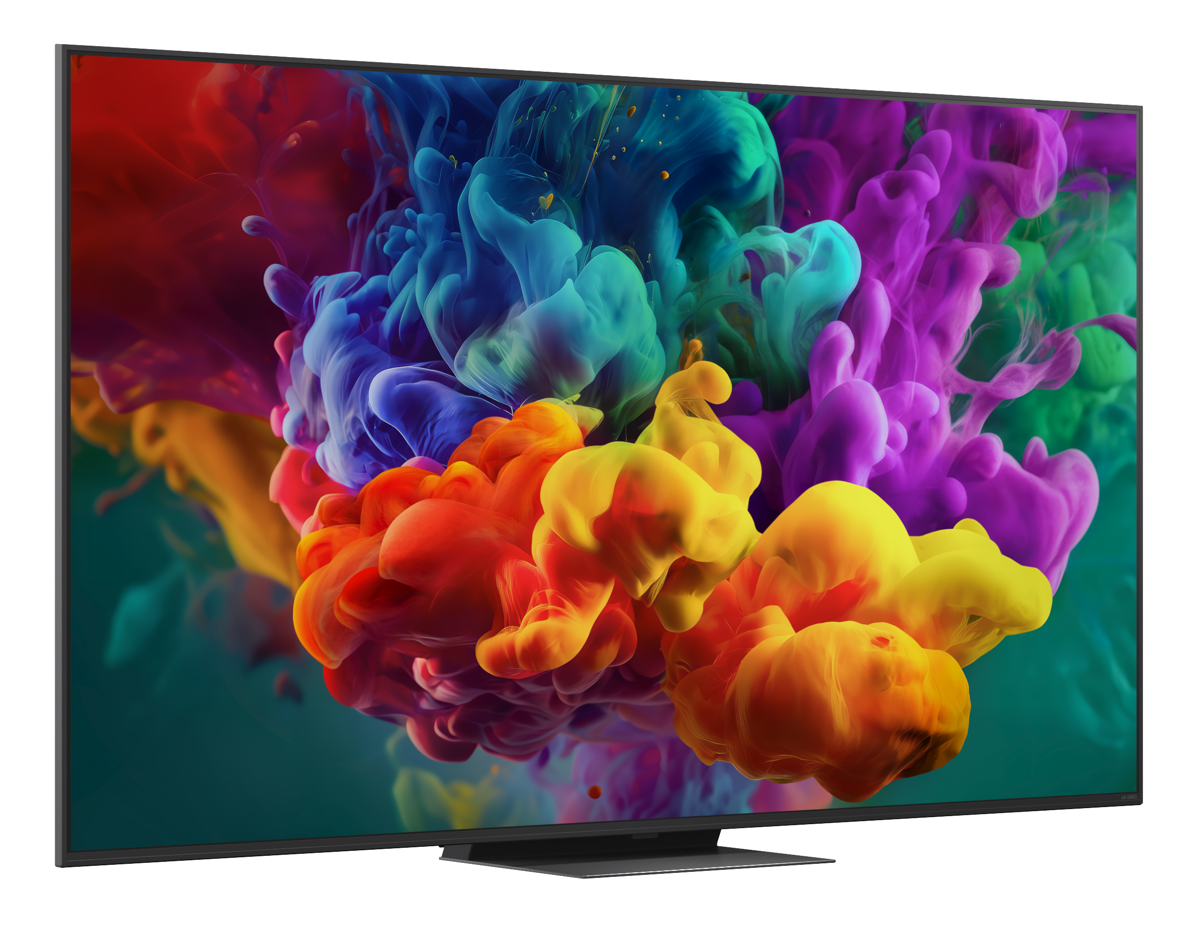 Nowoczesny telewizor wyświetla żywe, kolorowe chmury dymu w kolorach czerwonym, pomarańczowym, żółtym, niebieskim, zielonym i fioletowym.