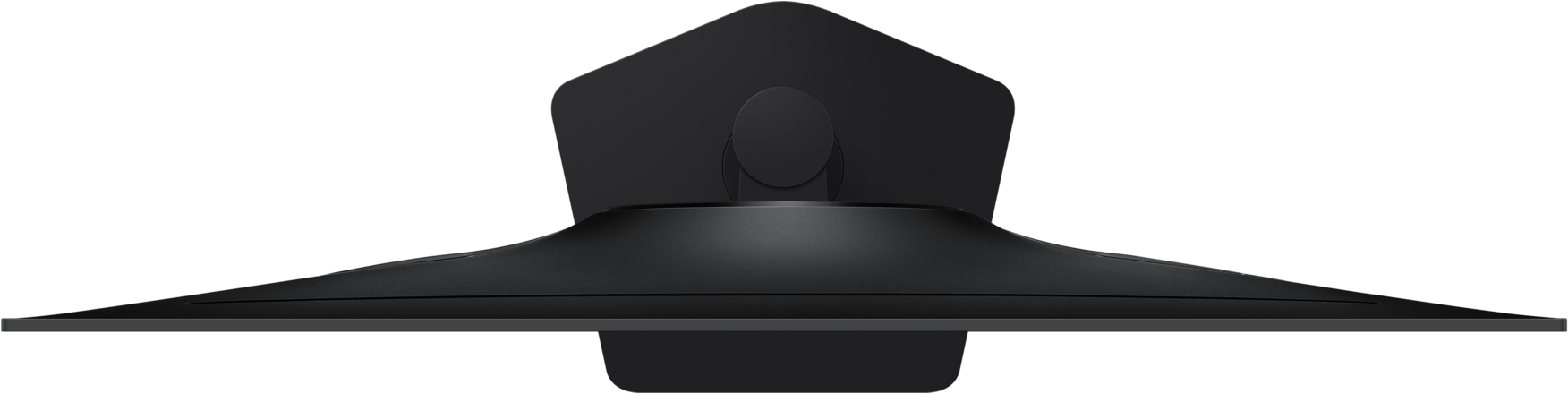 Eine schwarze Monitorbasis mit einem breiten, flachen Standfuß und einem schmalen Hals.