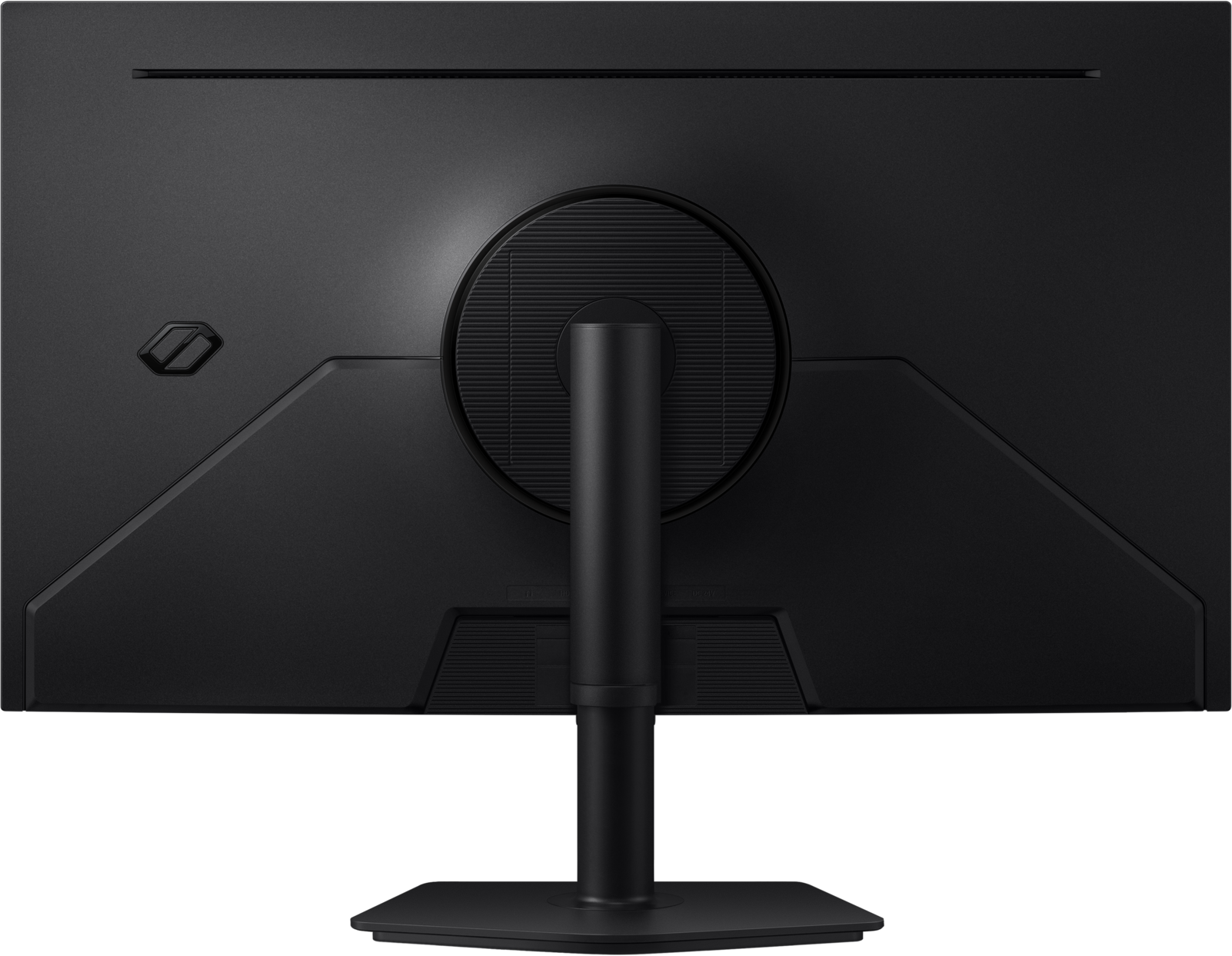 Die Rückseite eines schwarzen Monitors mit Ständer und Anschlüssen.
