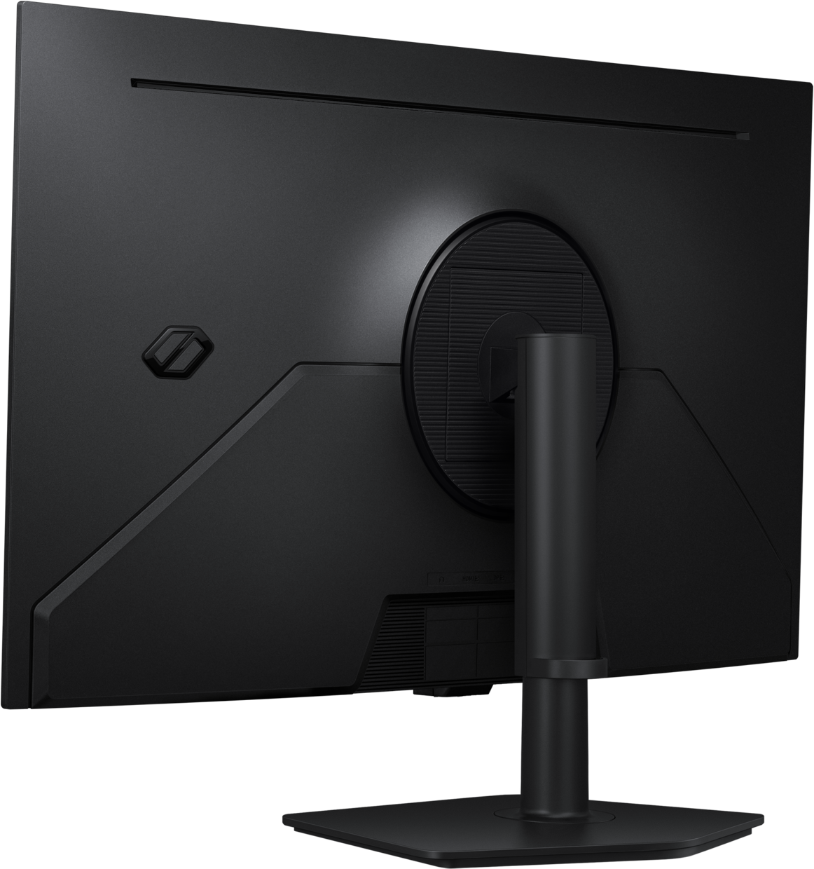 Rückseite eines schwarzen Monitors mit Ständer und Anschlüssen.