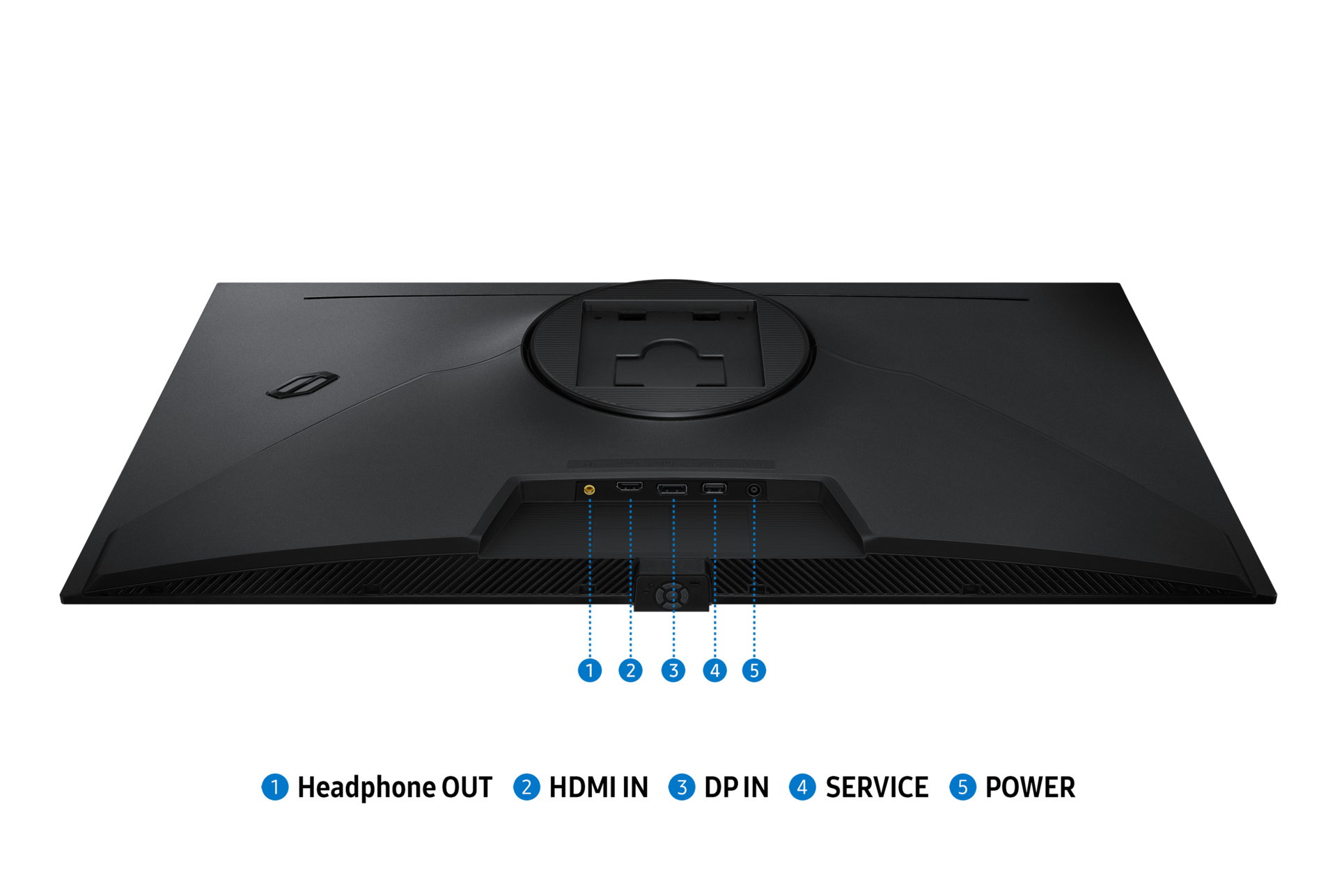 Rückseite eines schwarzen Monitors mit Anschlüssen: Kopfhörer, HDMI, DP, Service, Strom.