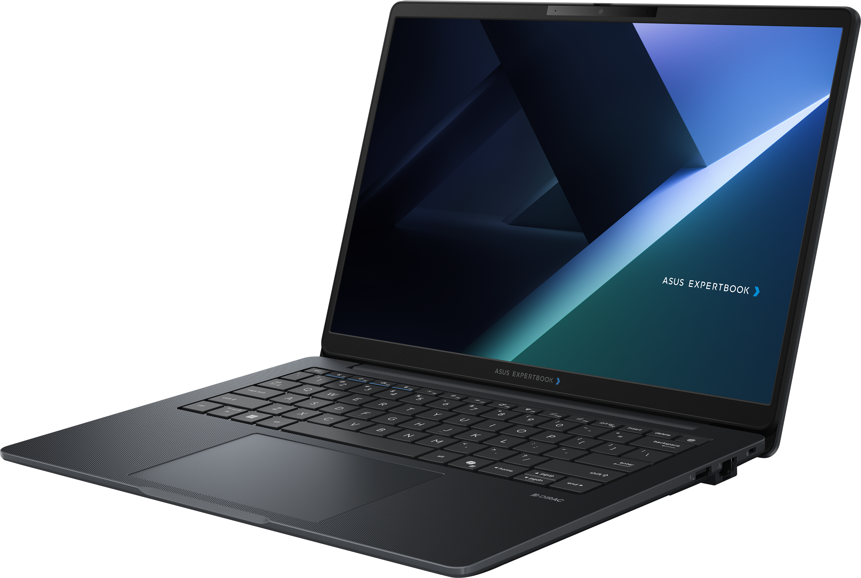 Egy sötét Asus Expertbook laptop világító képernyővel és billentyűzettel.