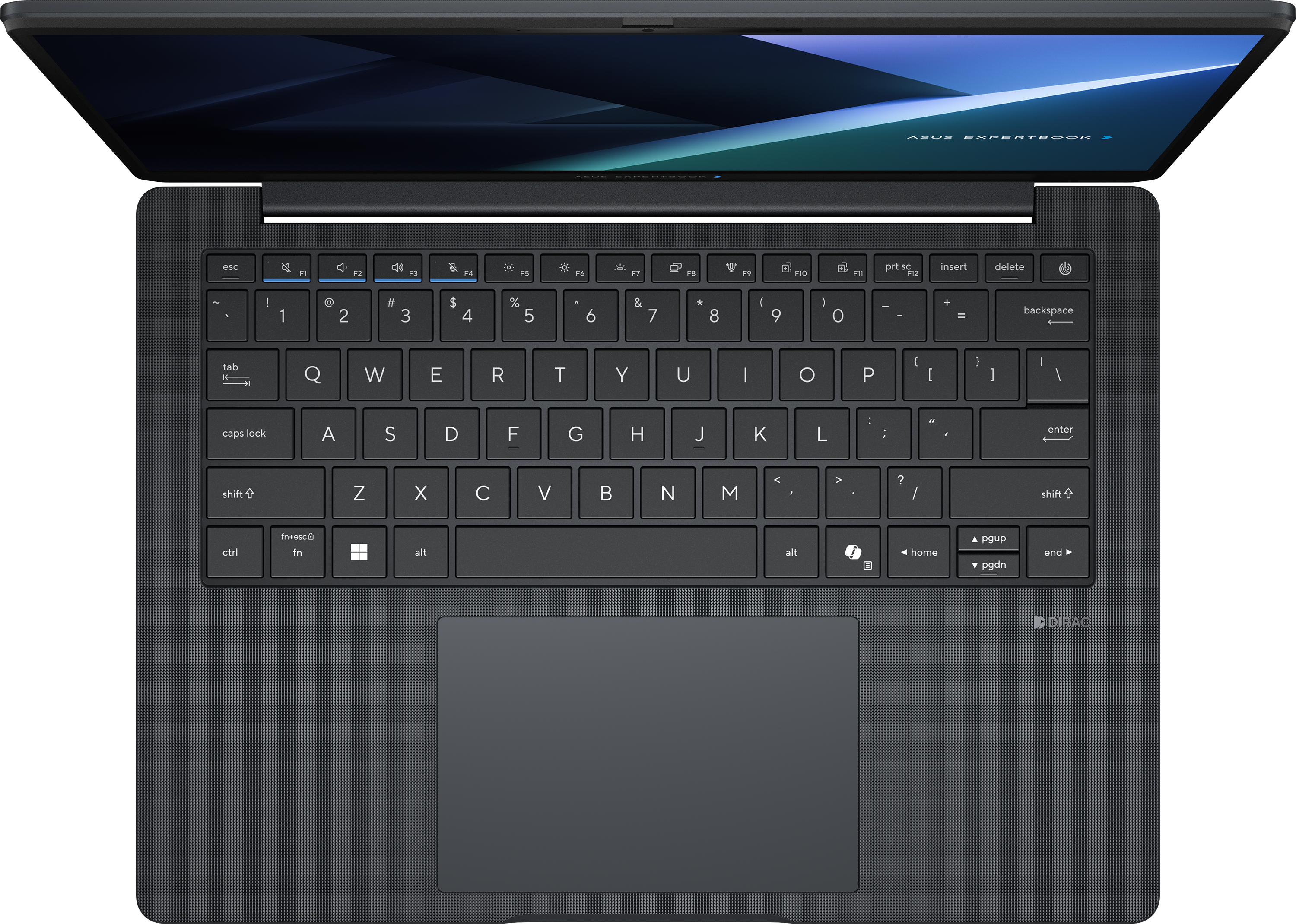 Egy nyitott fekete laptop billentyűzettel és érintőpaddal fekete háttér előtt.