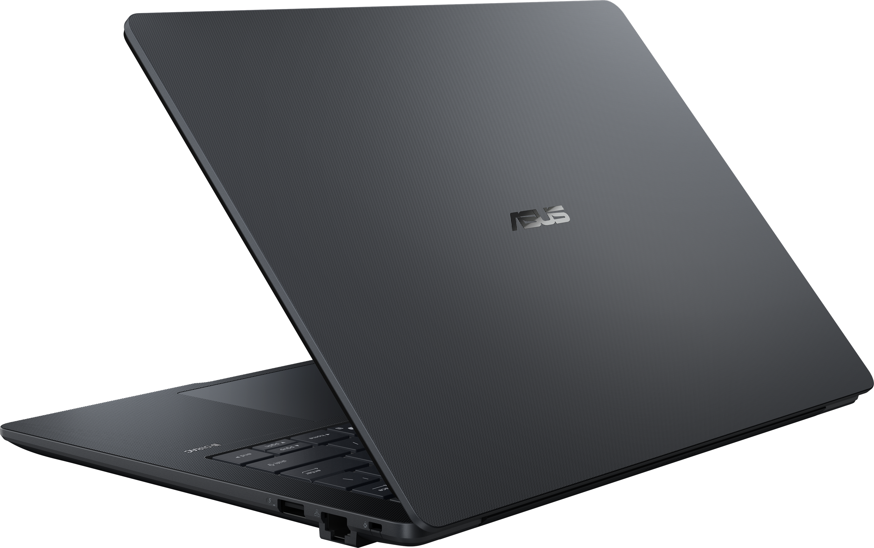 Egy sötét Asus laptop, félig nyitva, felfedi a billentyűzetet.