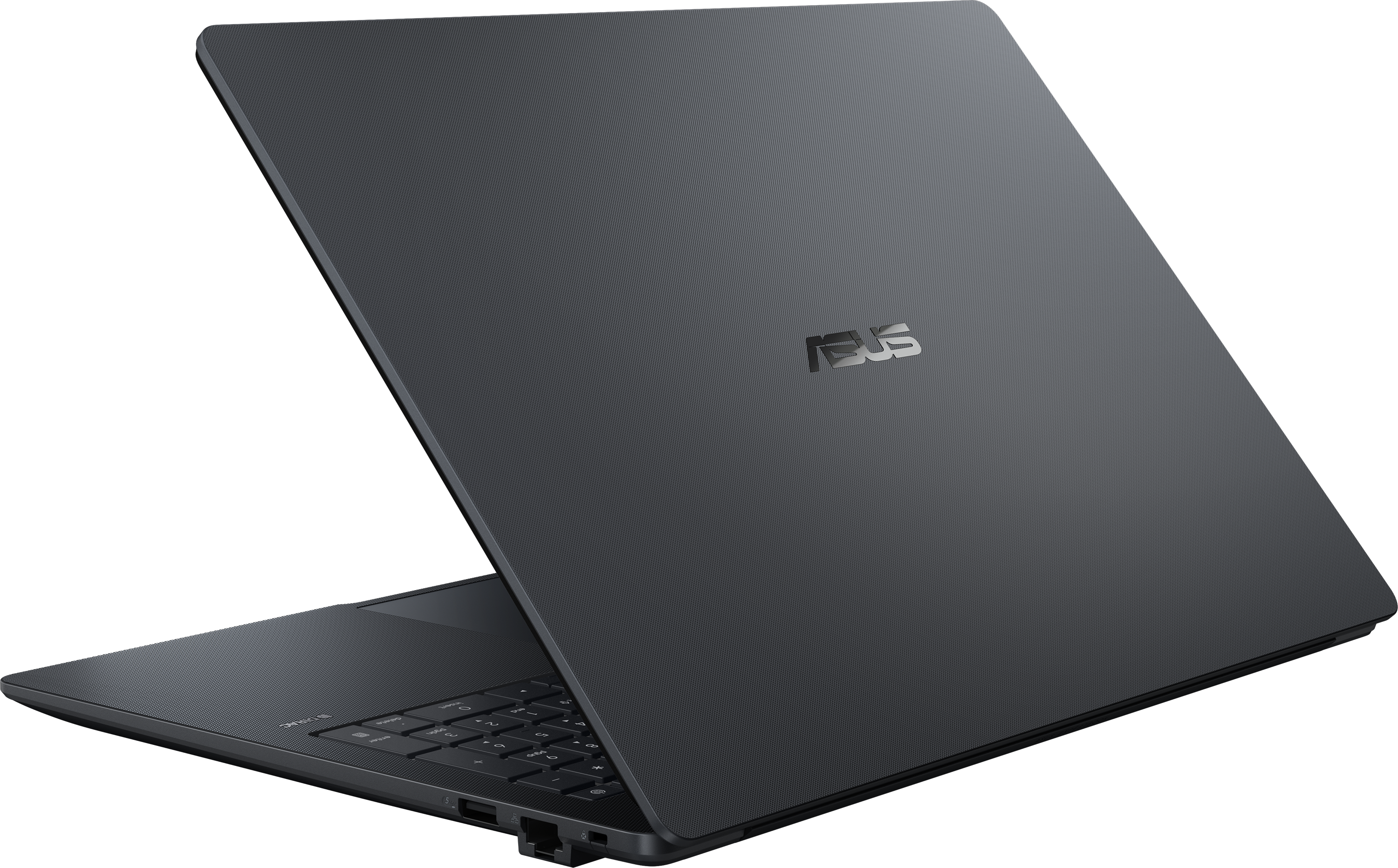Egy sötétszürke Asus laptop nyitva, billentyűzet és portok láthatóak.