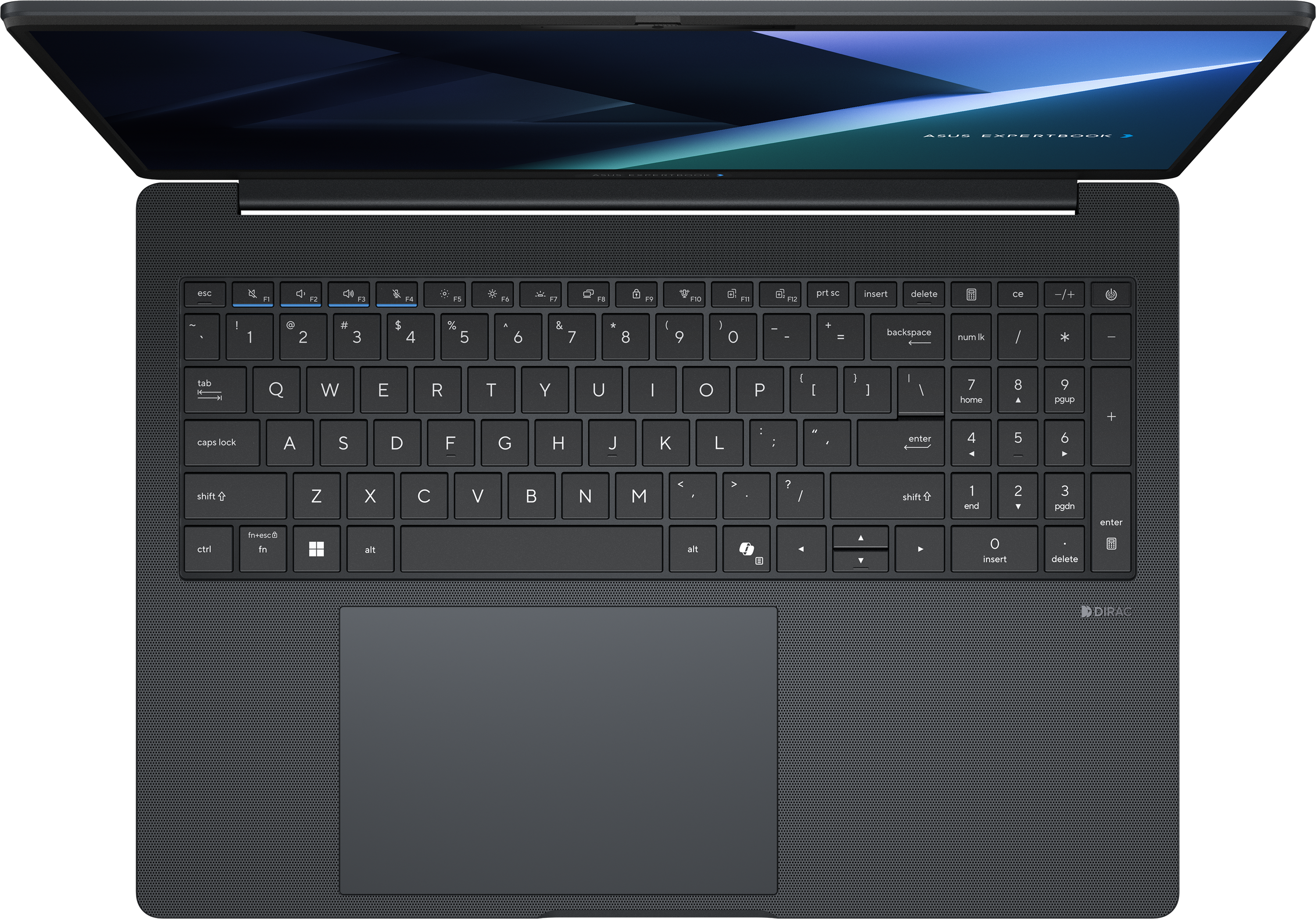 Egy nyitott fekete laptop háttérvilágítású billentyűzettel és érintőpaddal.