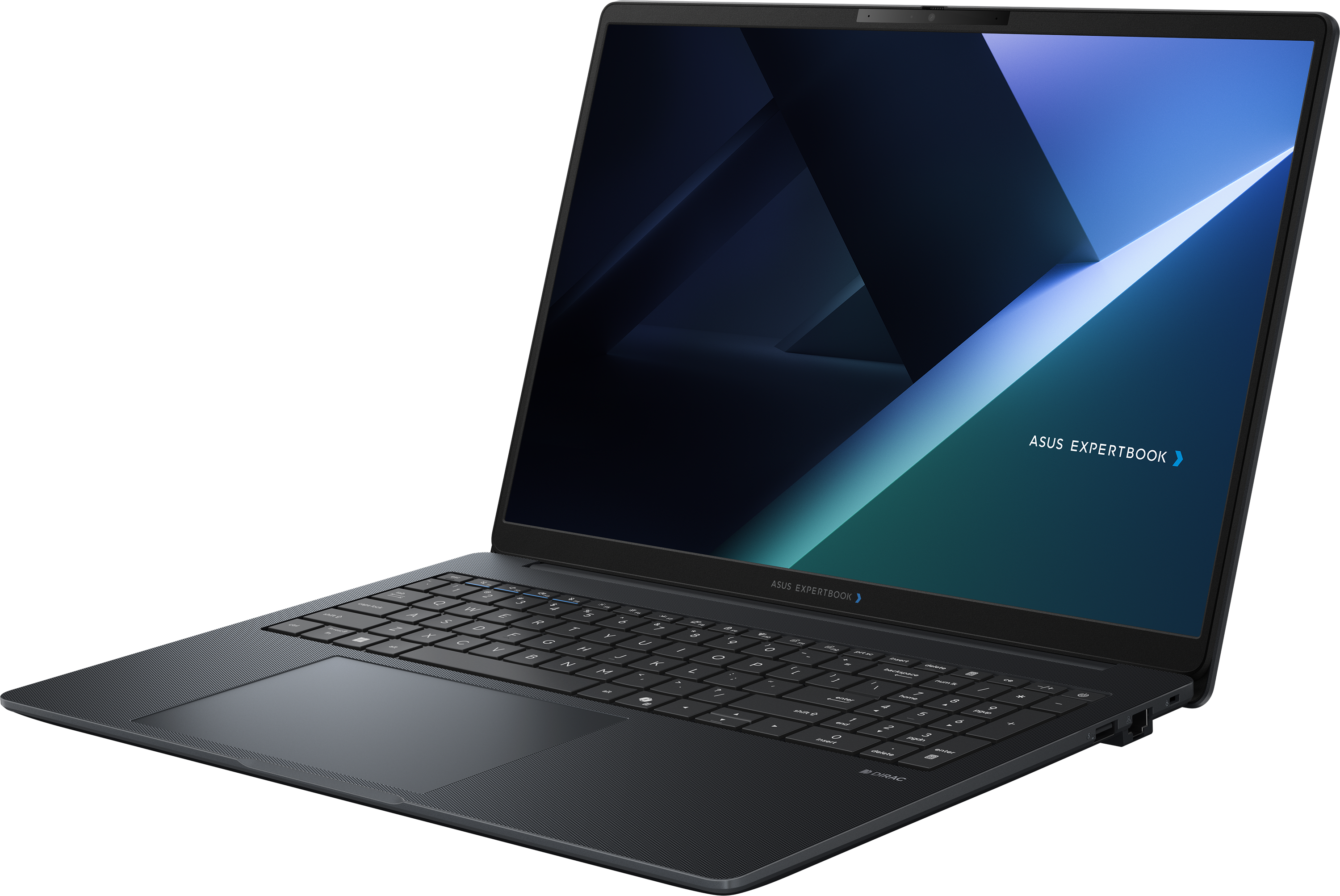 Sötétszürke ASUS ExpertBook laptop geometrikus kék és zöld háttérrel.
