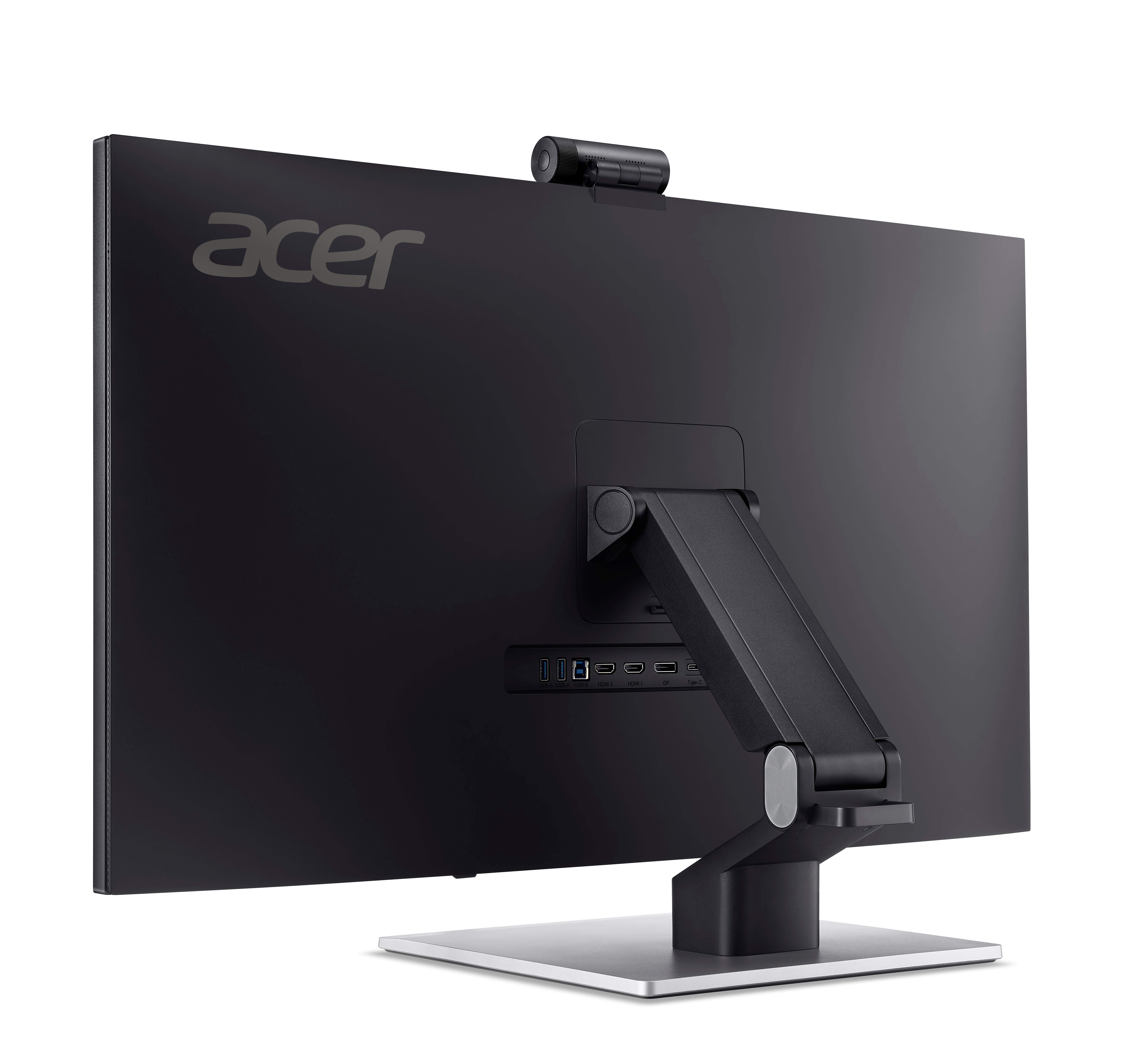 Rückseite eines schwarzen Acer-Monitors mit Webcam und silbernem Standfuß.