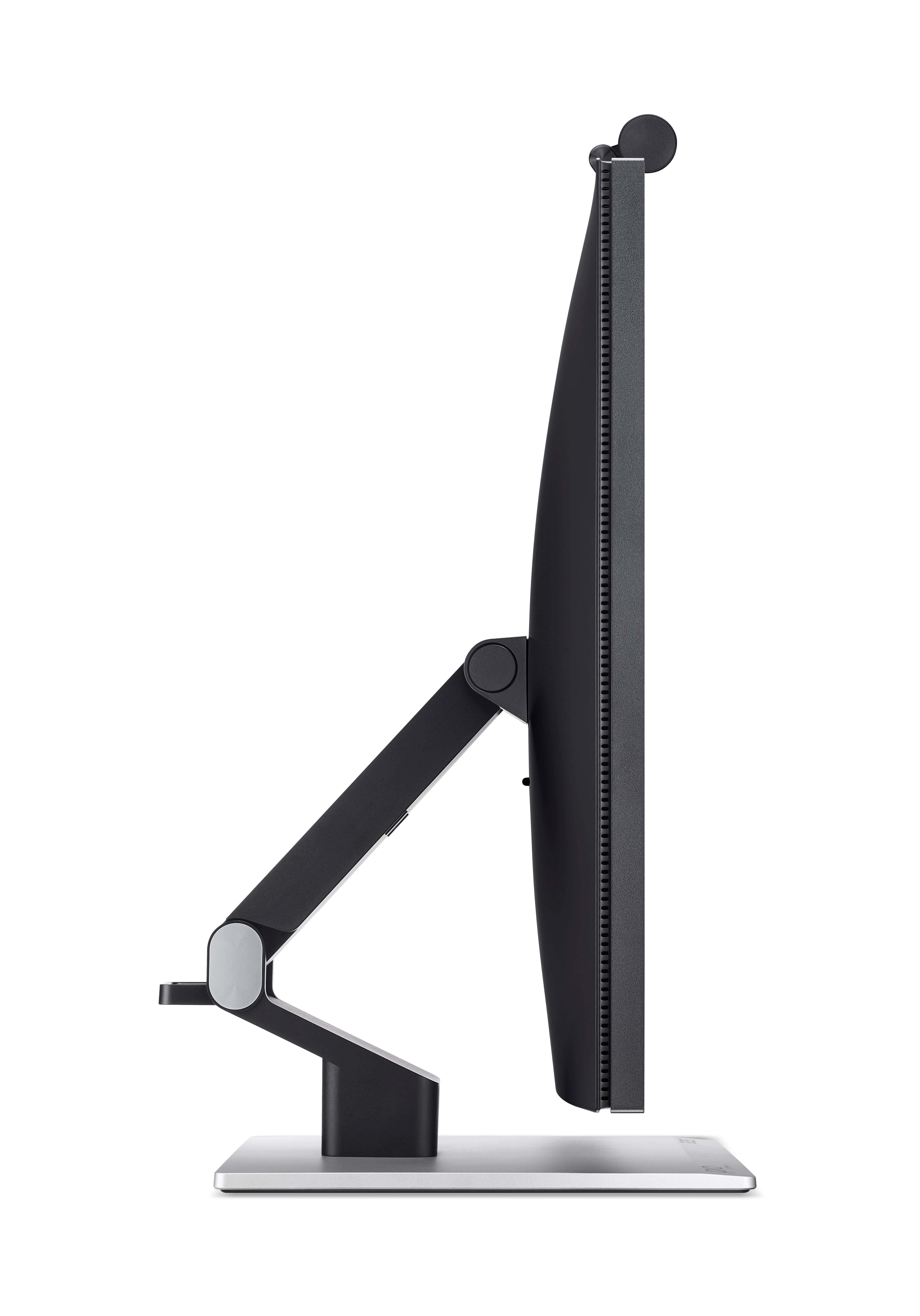 Seitenansicht eines schwarzen Monitors mit silbernem, verstellbarem Ständer auf weißem Hintergrund.
