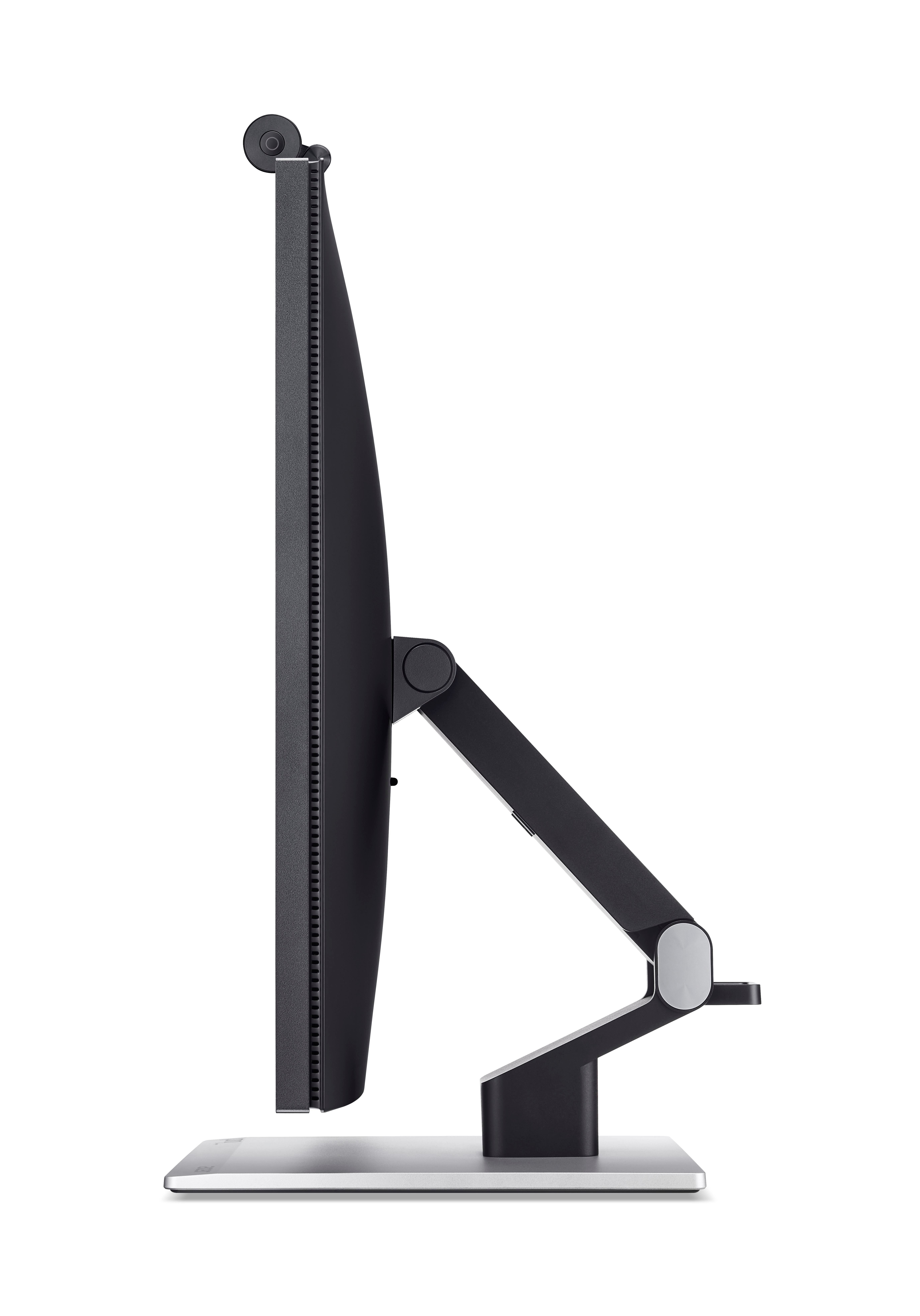 Seitliche Ansicht eines schwarzen Monitors mit silbernem Standfuß und Gelenkarm.