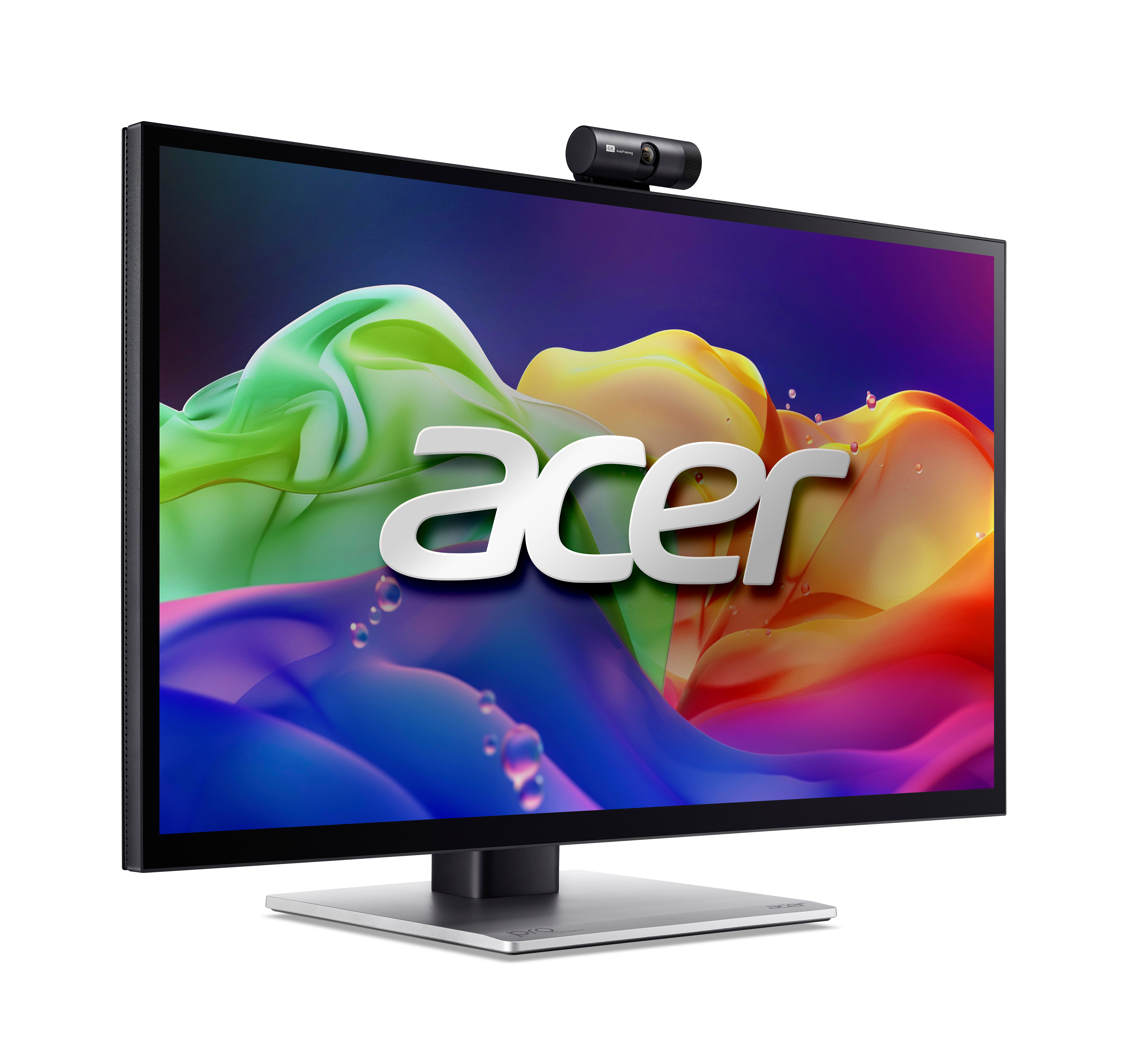 Ein Acer-Monitor mit einem farbenfrohen, abstrakten Hintergrund und einer Webcam oben.