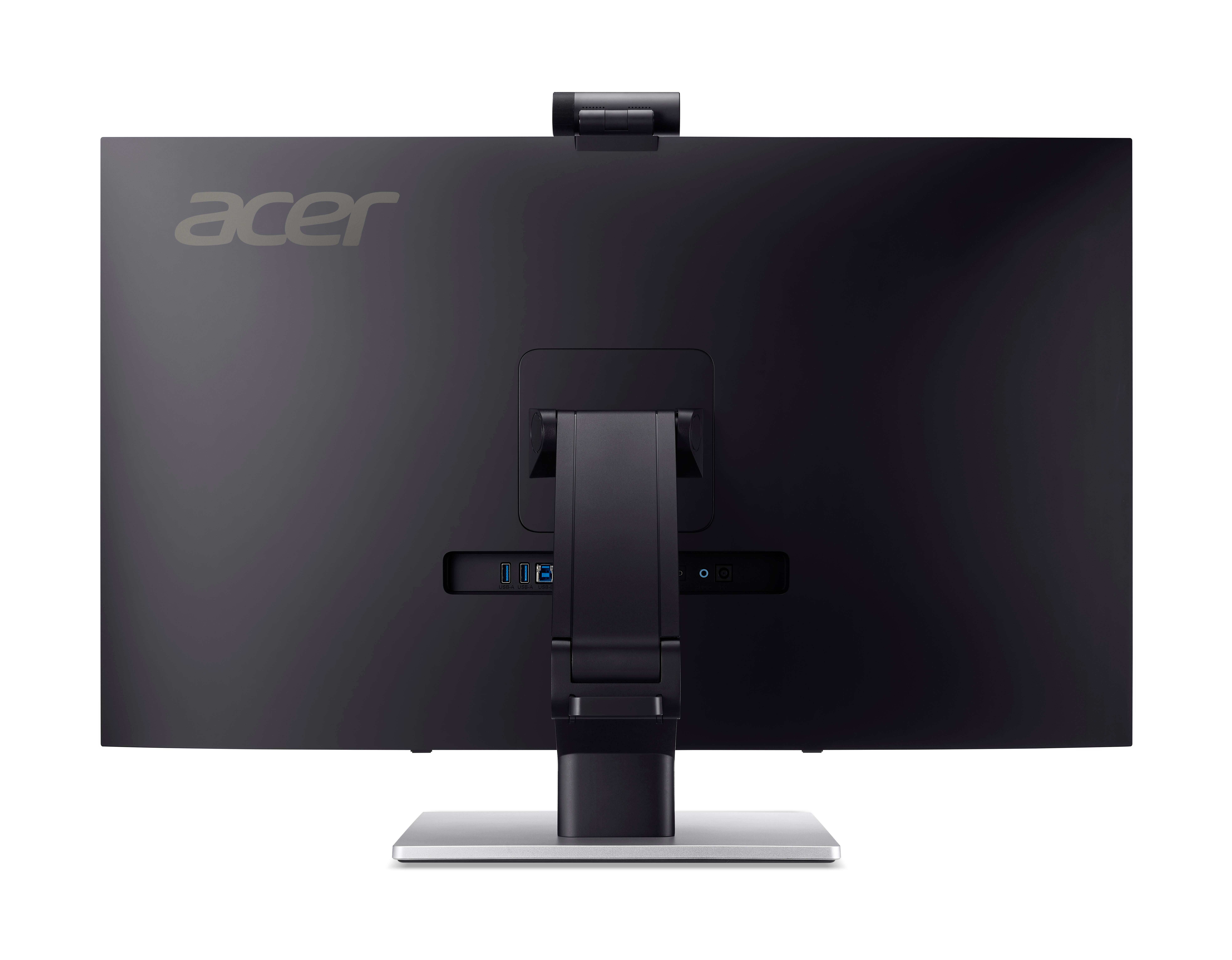 Rückseite eines Acer Monitors mit Anschlüssen und einem silbernen Standfuß.