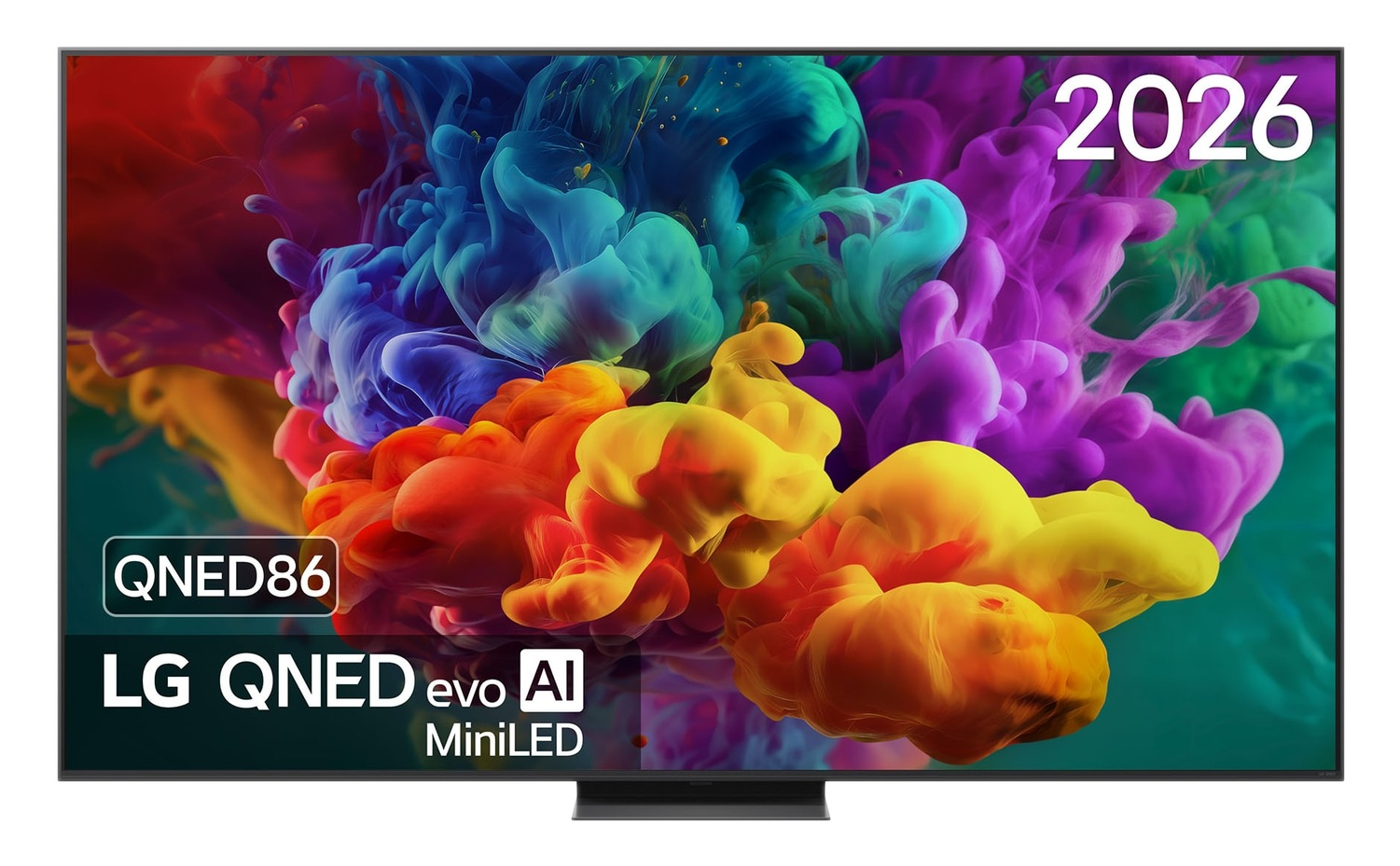 Telewizor LG QNED evo AI MiniLED wyświetla kolorową animację dymu z rokiem 2026.