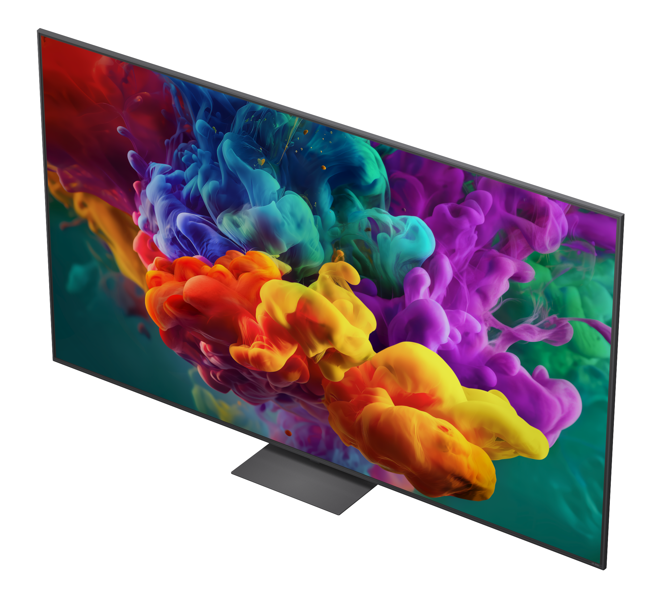Telewizor wyświetla żywe eksplozje kolorów, takie jak czerwone, żółte, niebieskie i fioletowe chmury dymu.