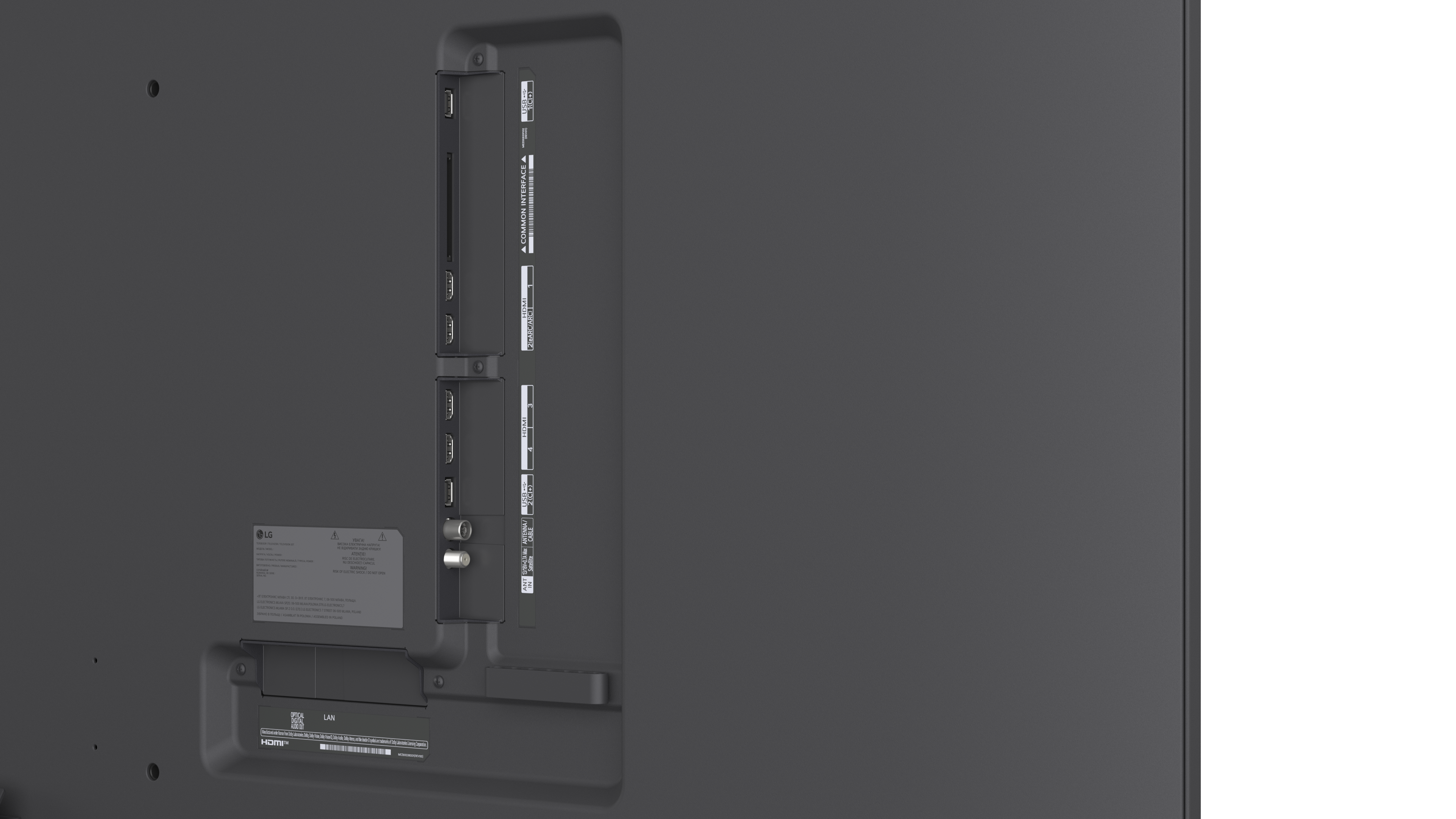 Tył telewizora z portami HDMI, USB, LAN i wejściem antenowym.