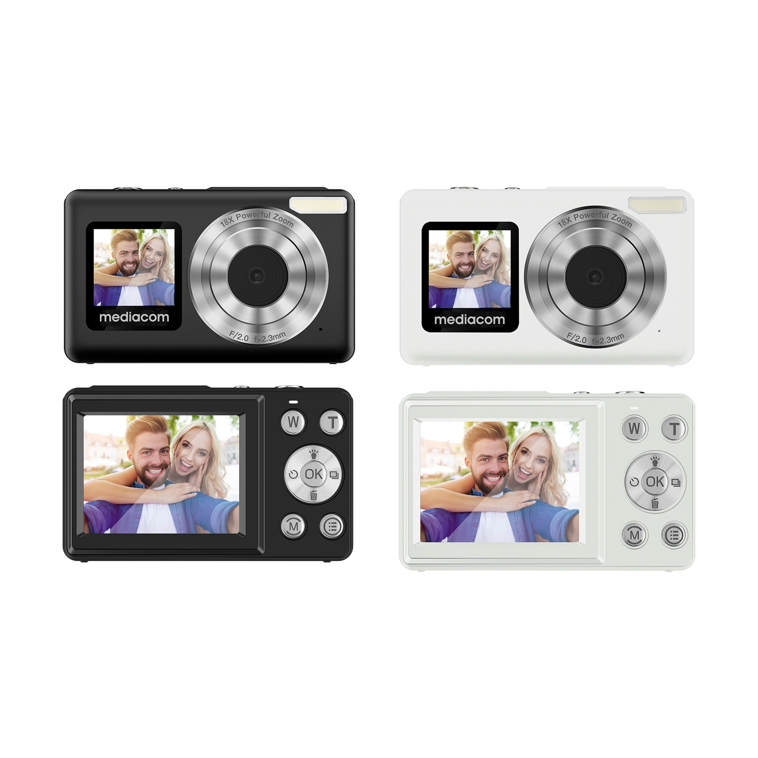 Due fotocamere digitali, nere e bianche, mostrano una coppia che si fa un selfie.