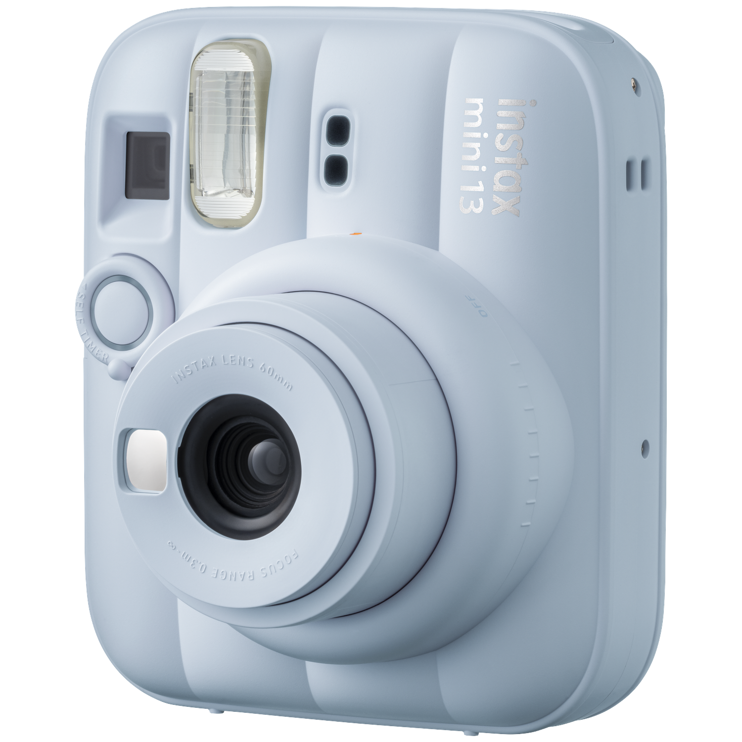 Een lichtblauwe instantcamera met Instax Mini 13 logo en lens.