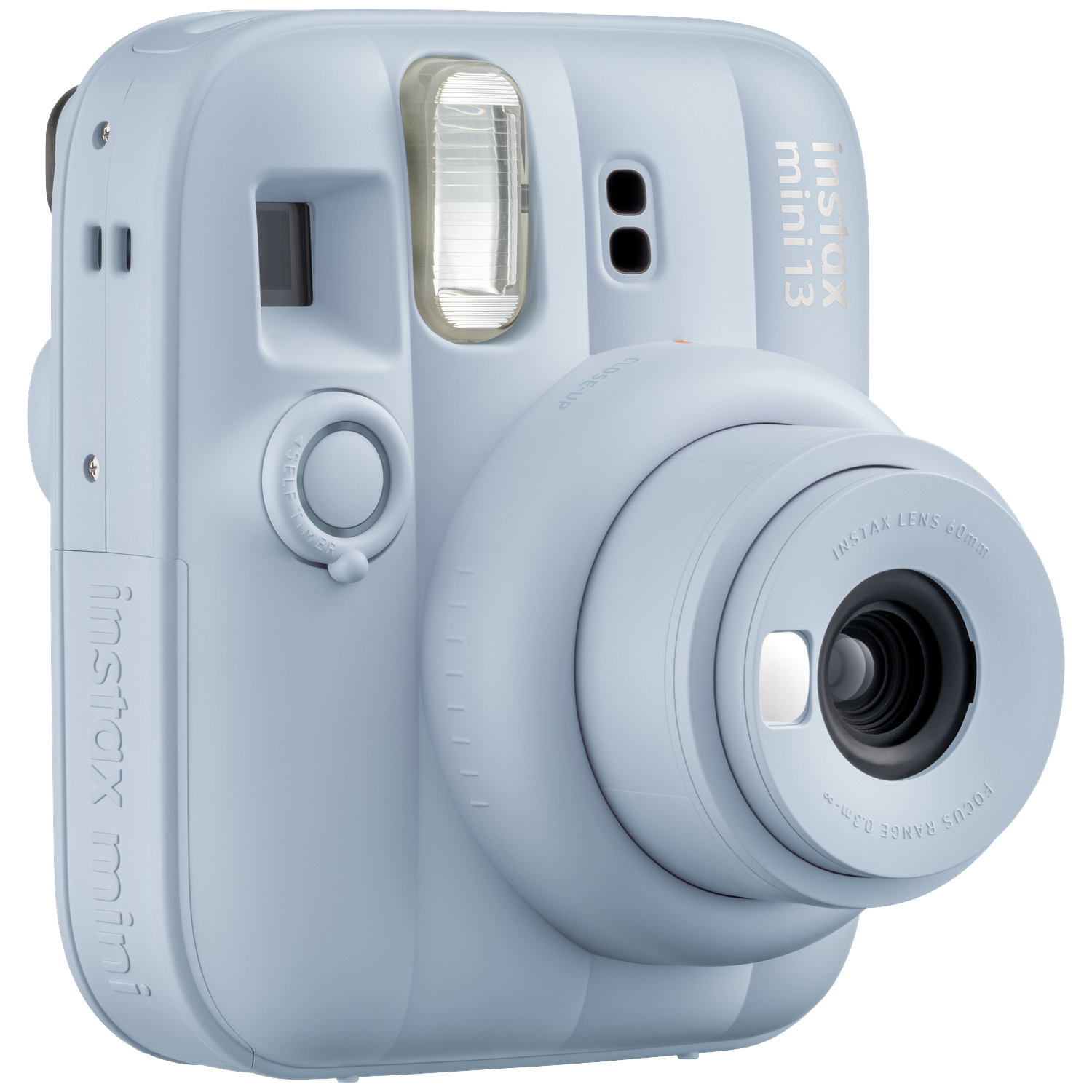 Een lichtblauwe instantcamera met de tekst 'instax mini 13'.