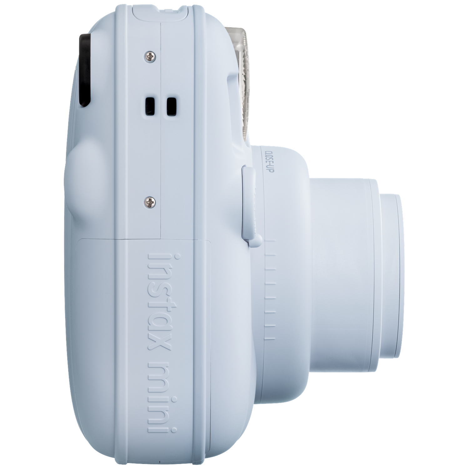Een lichtblauwe instant camera, in profiel van links, met 