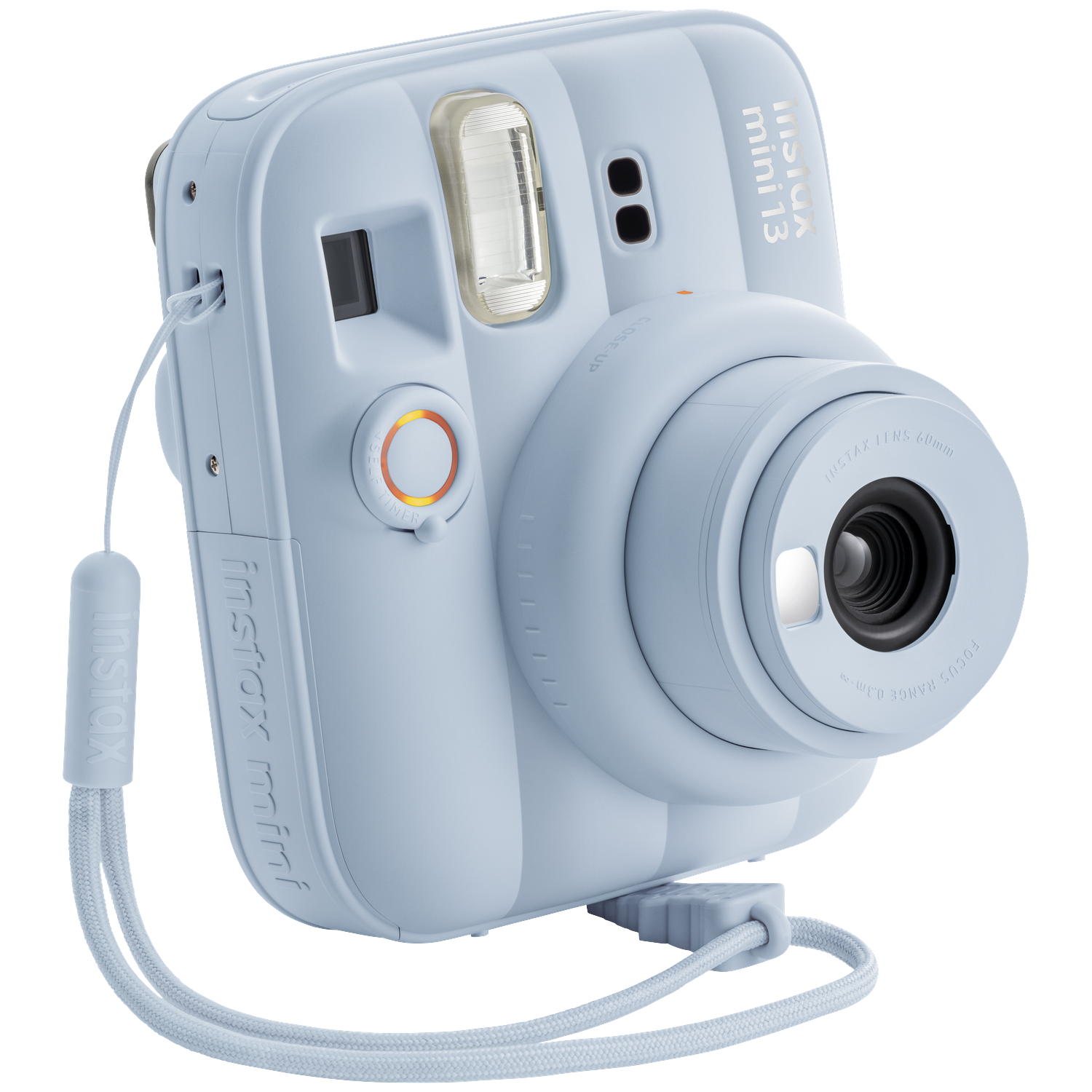 Een lichtblauwe Instax Mini 13 instantcamera met polsband.