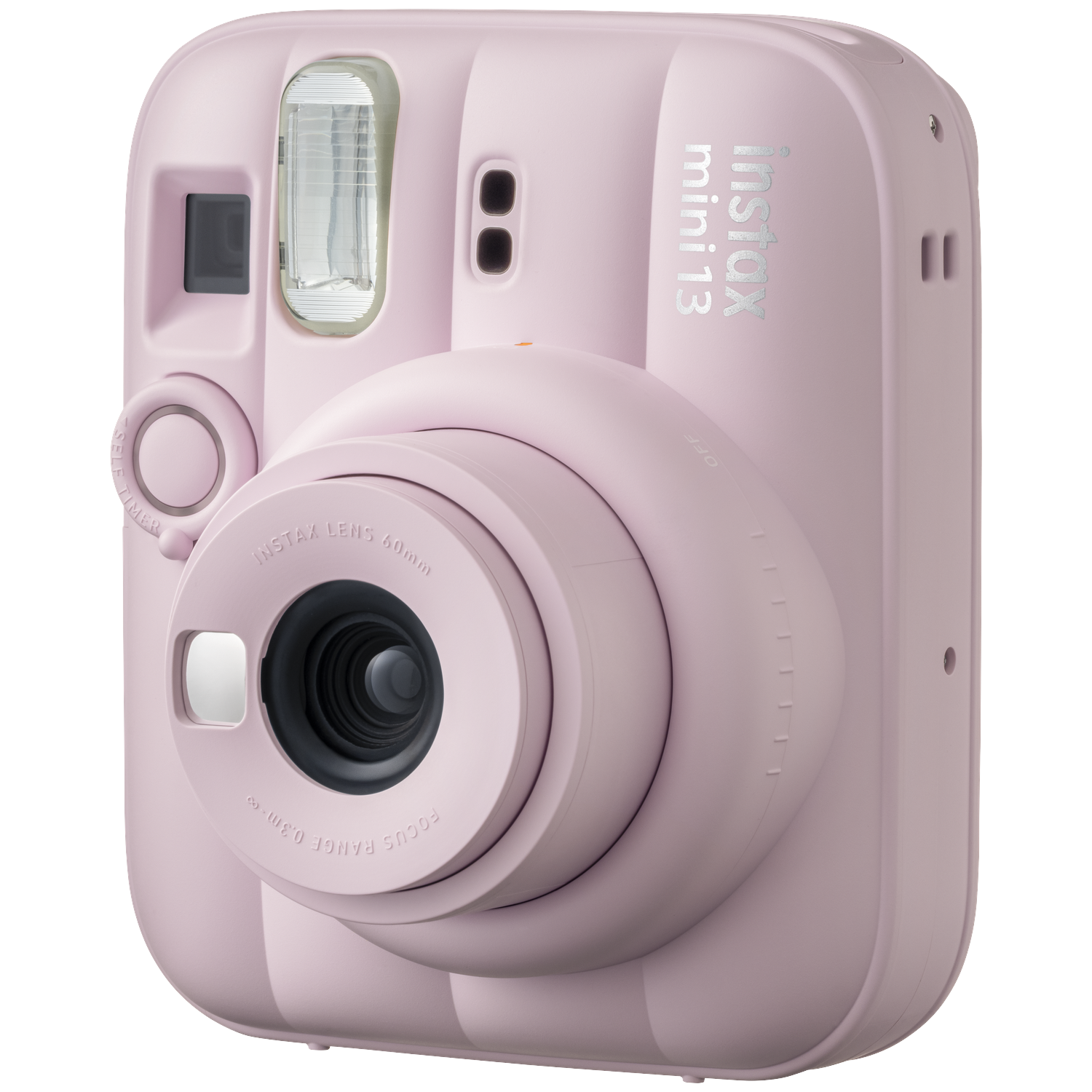 Een roze instantcamera met Instax Mini 13 logo. Close-up.
