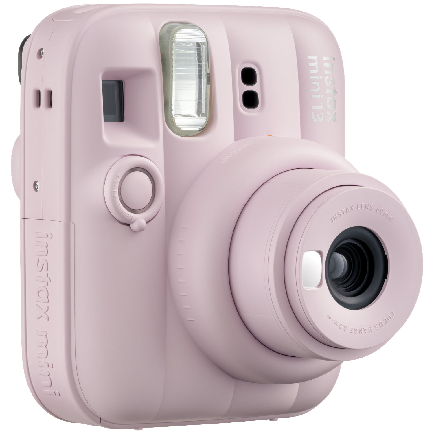 Een roze instantcamera met lens en flitser.