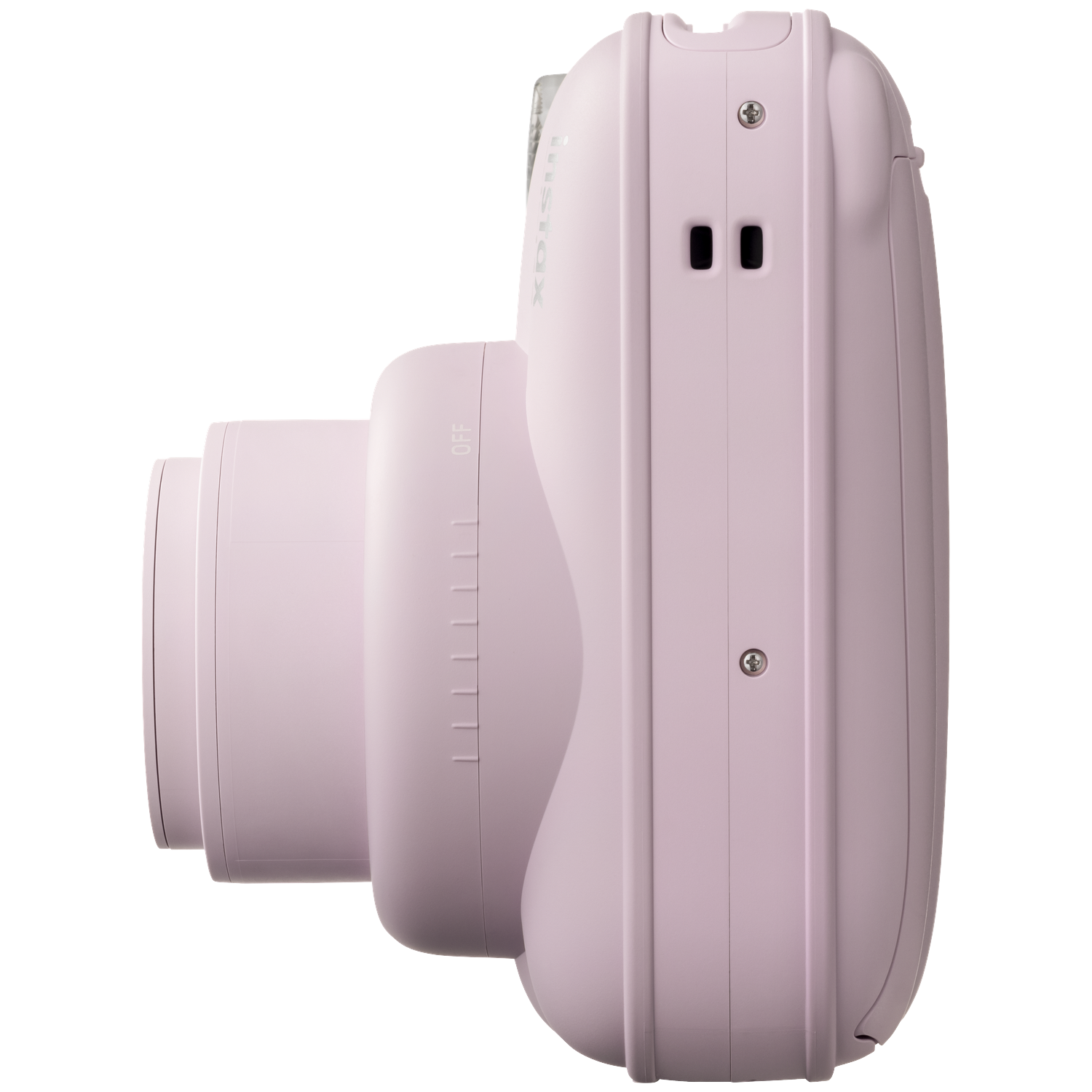 Een lichtroze instantcamera in profiel tegen een zwarte achtergrond.