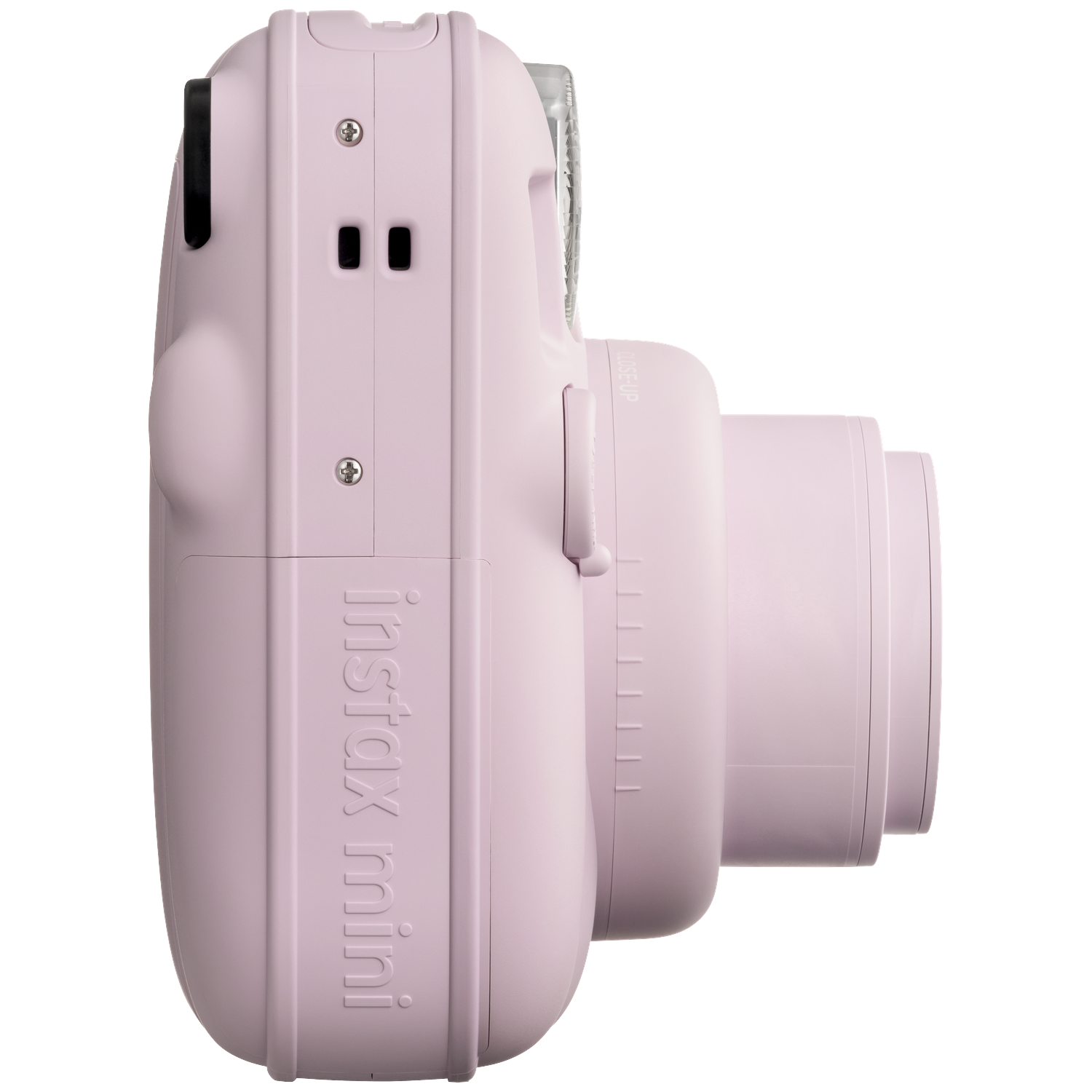 Een lichtroze Instax Mini instantcamera van opzij gezien.