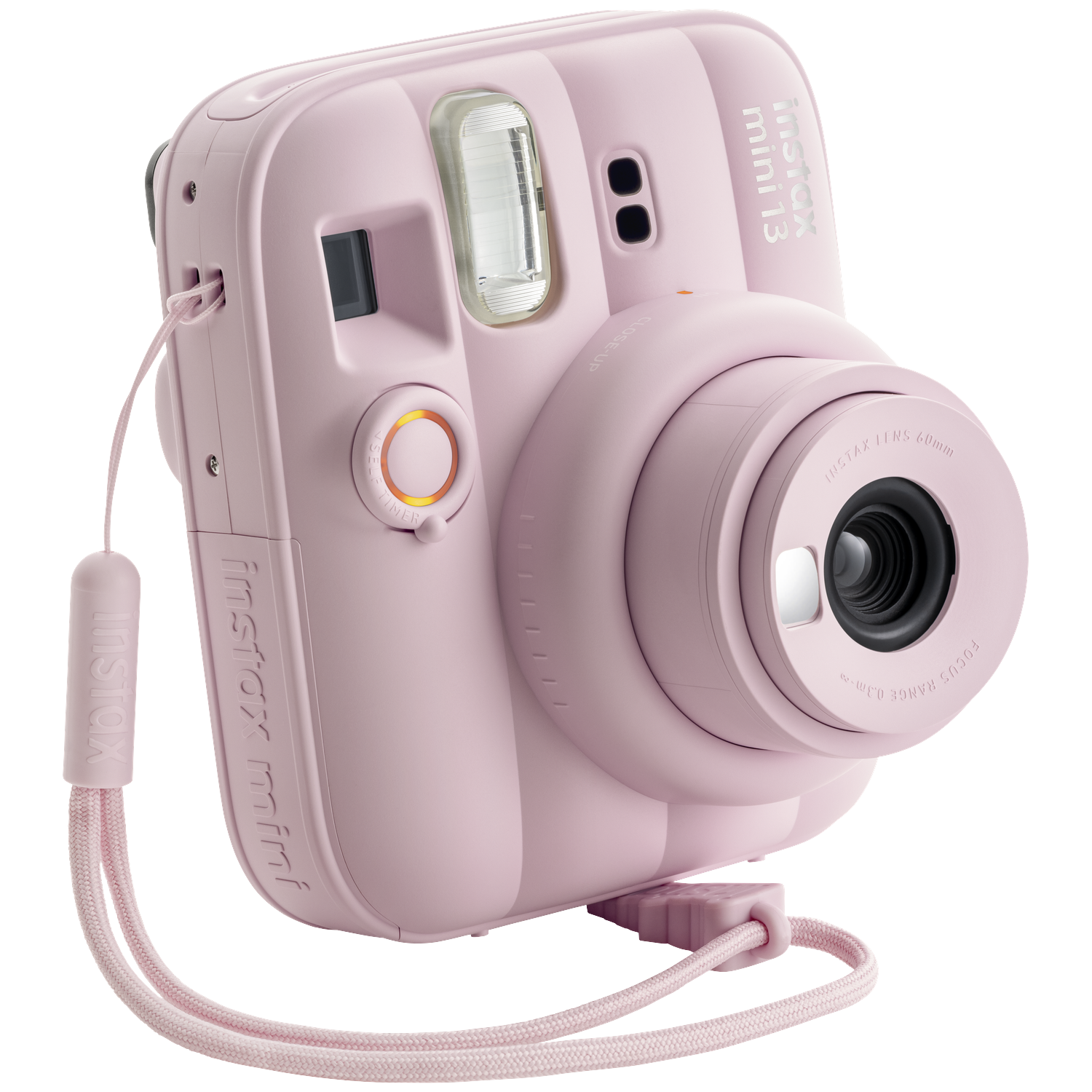 Een roze instant camera met lens en flits op een zwarte achtergrond.