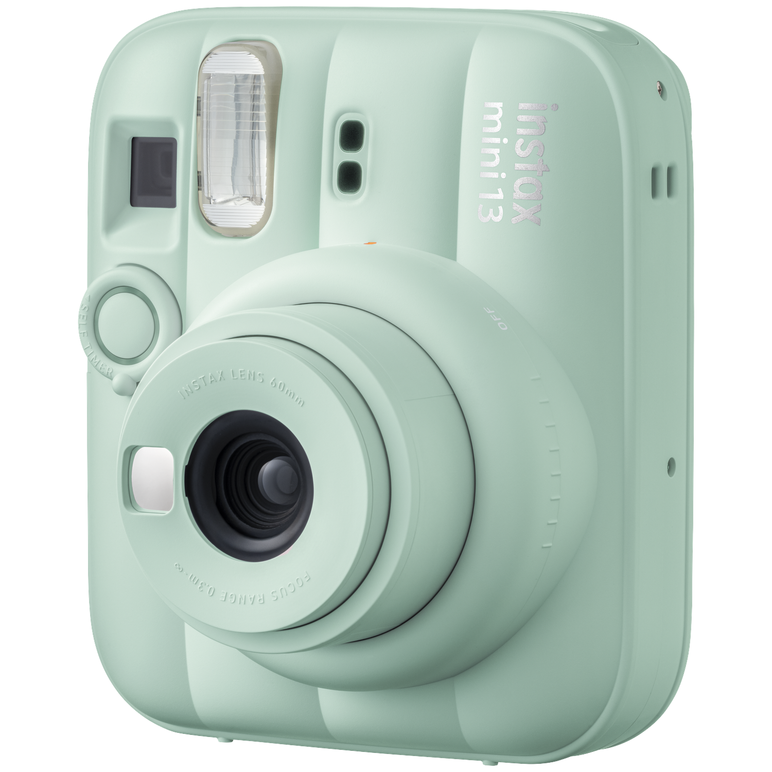 Een lichtgroene Fujifilm Instax Mini 13 instant camera met lens en flitser.