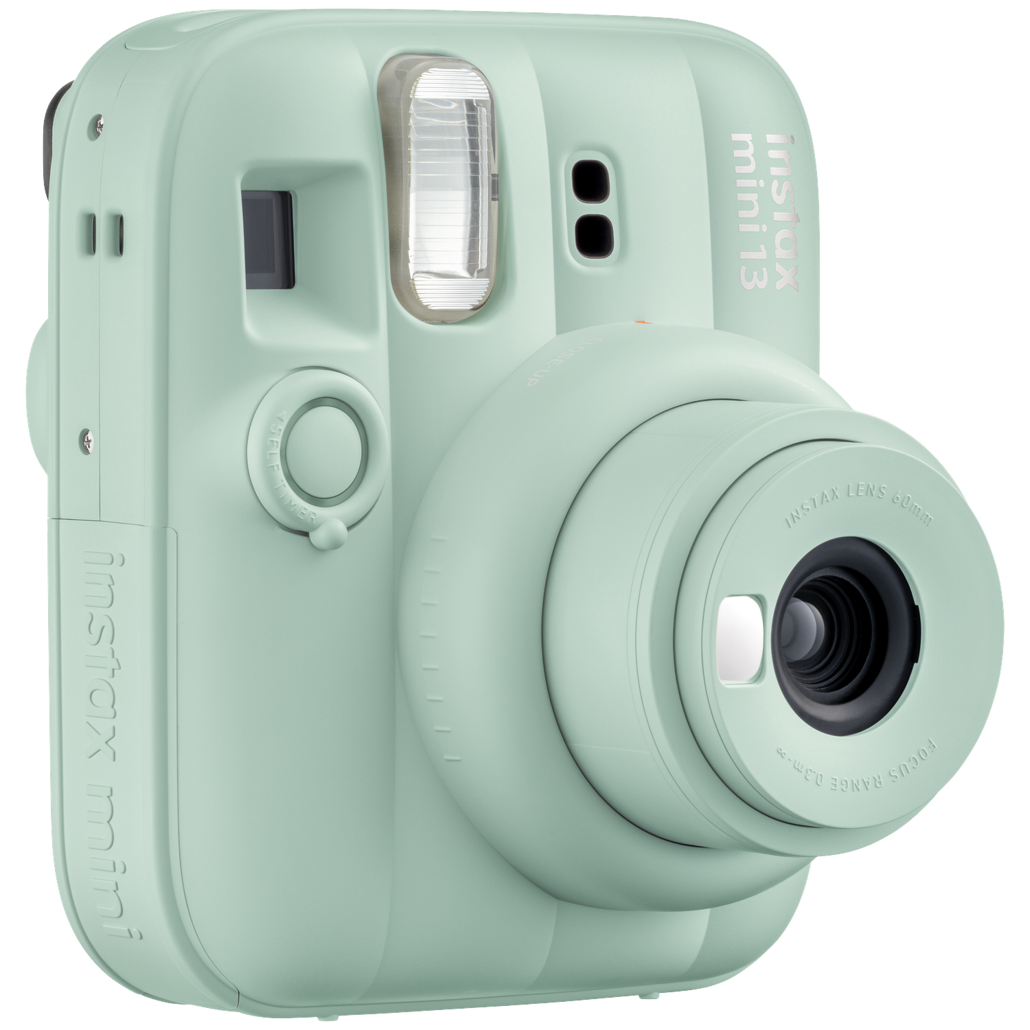 Een muntgroene Instax Mini 13 instantcamera met lens en flitser.