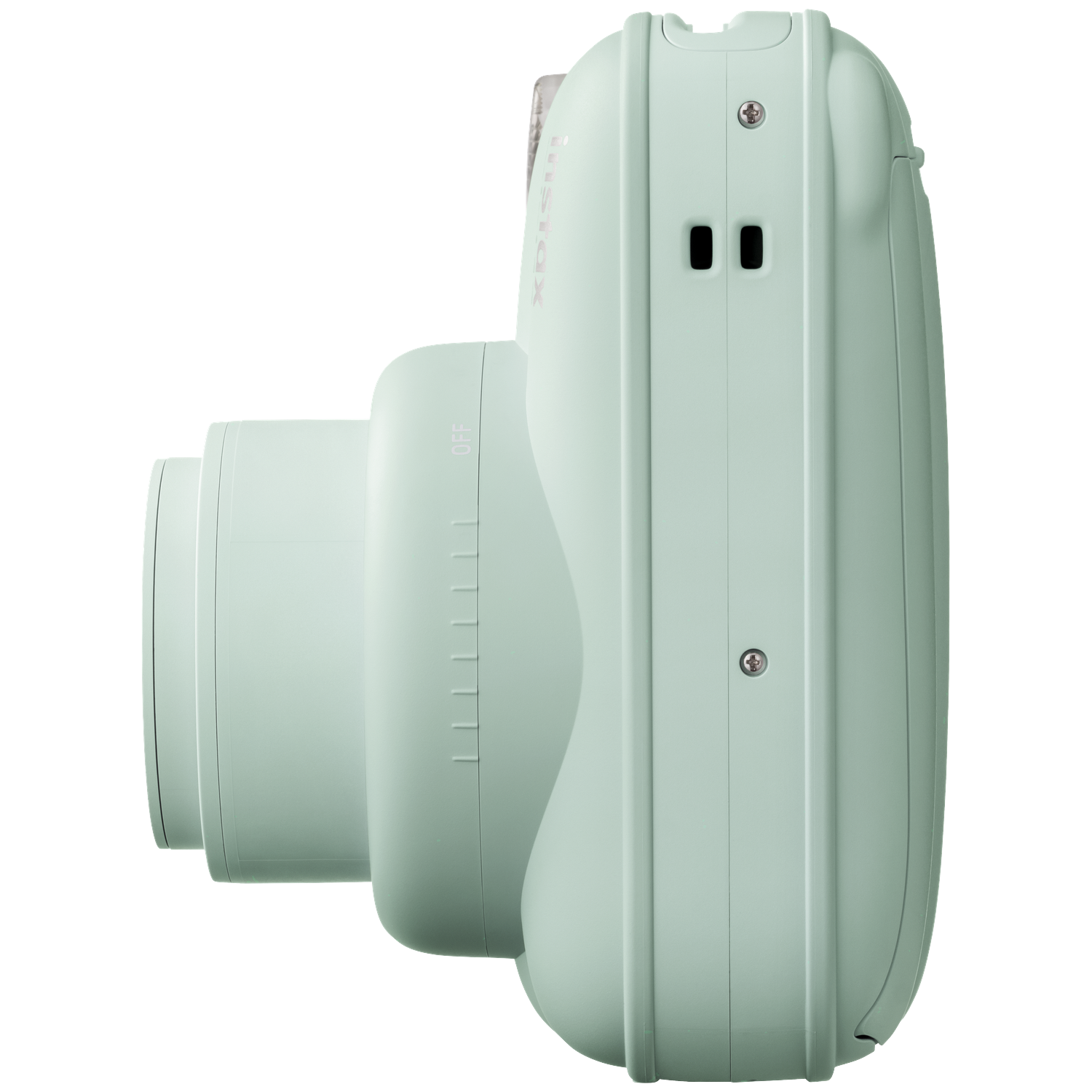 Een lichtgroene instantcamera met lens en bedieningselementen, van opzij gezien.