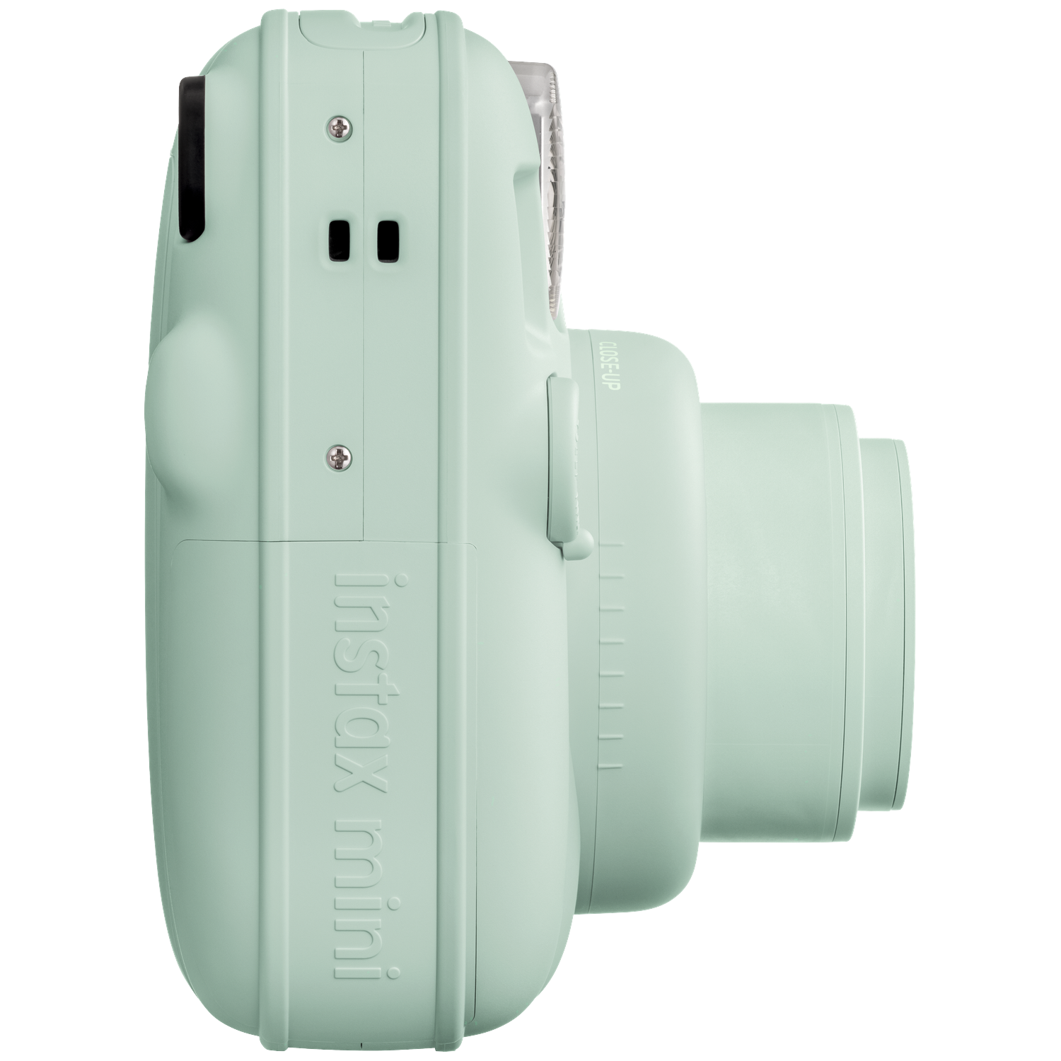 Een lichtgroene instantcamera met de tekst 'Instax mini' en 'Close-up'.