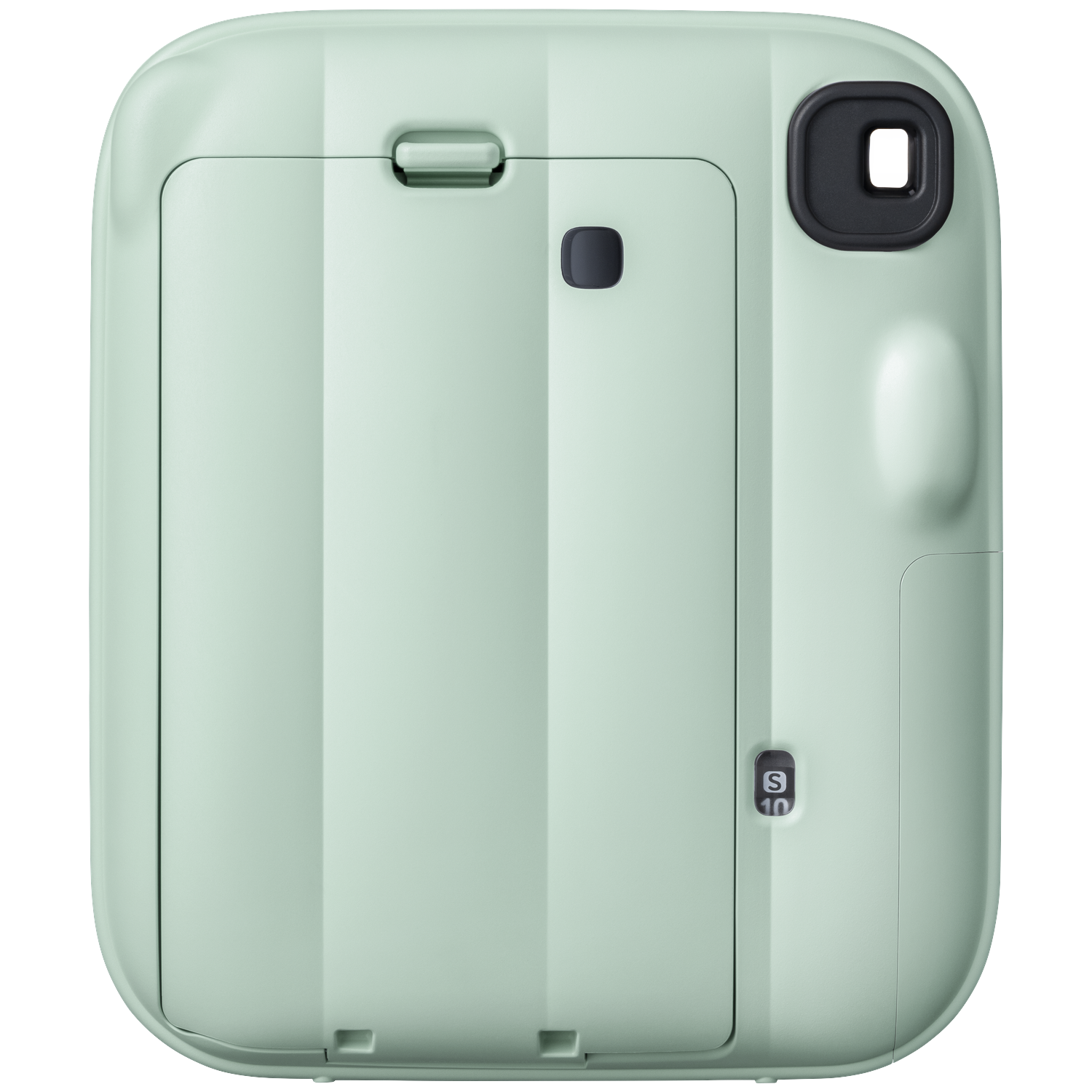 Een lichtgroene instantcamera met een zwart zoeker en een klein knopje.