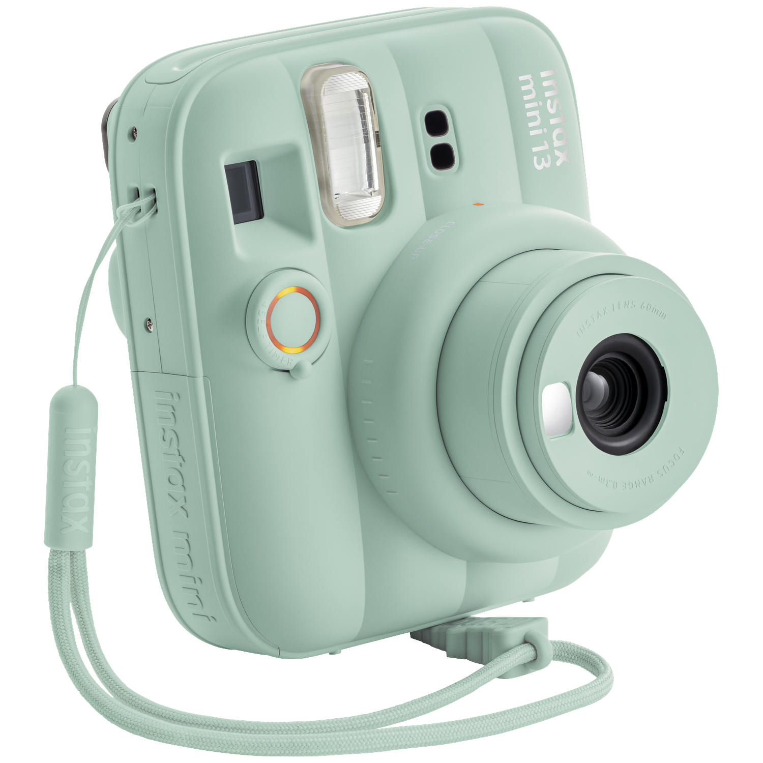 Een mintgroene Instax Mini 13 instant camera met riempje.