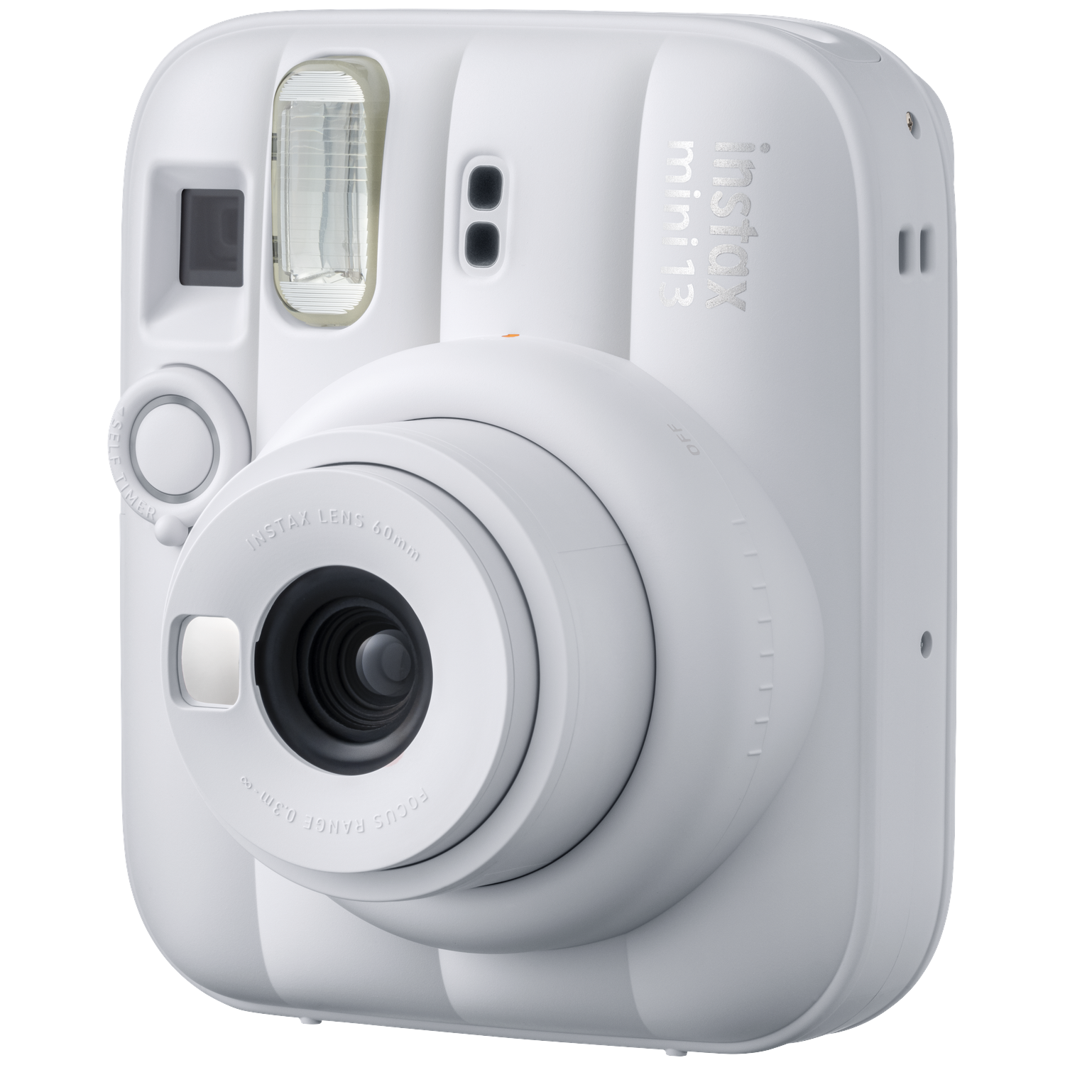 Een witte Instax Mini 13 instant camera met lens en flitser.