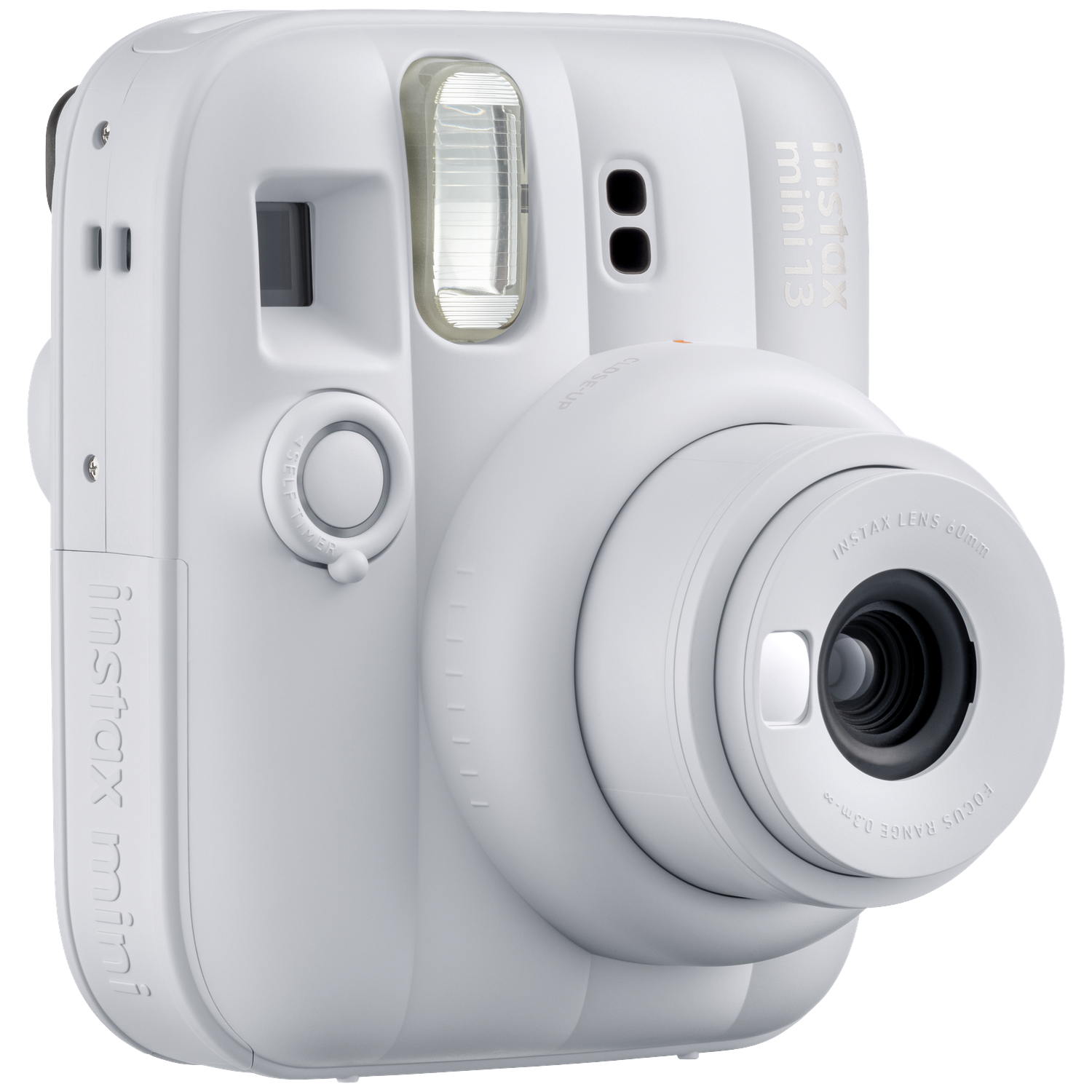 Een witte Instax Mini 13 instantcamera met lens en flitser.