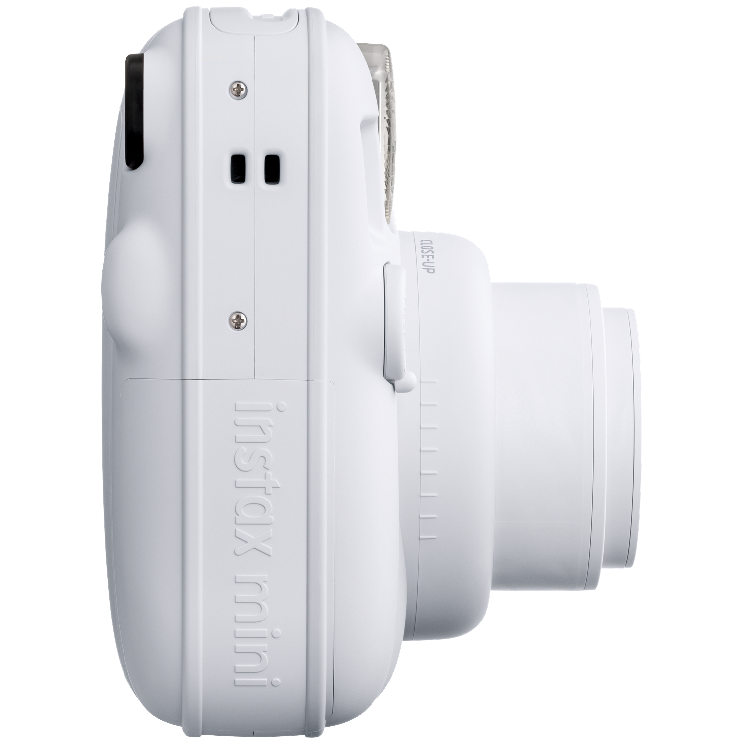 Witte instantcamera met lens, met 'Instax mini'-tekst.