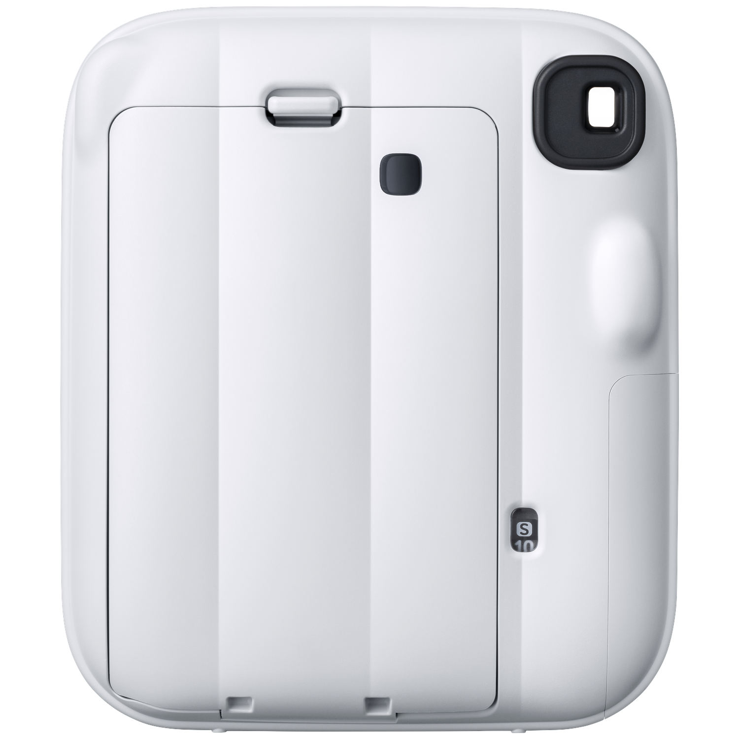 Witte instantcamera met donkere zoeker en filmteller display.