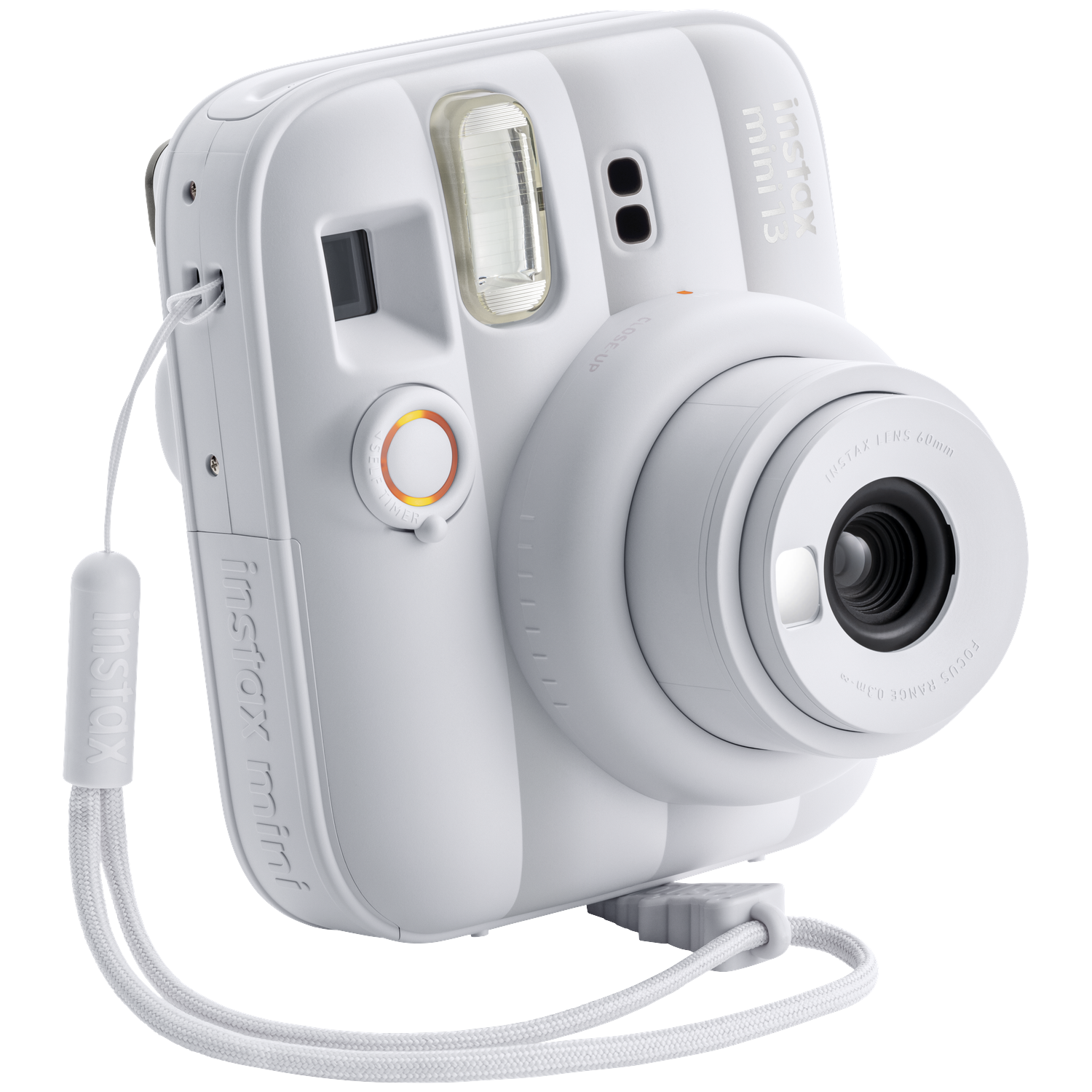 Witte Fujifilm Instax Mini 13 instantcamera met witte polsband. Zwarte achtergrond.