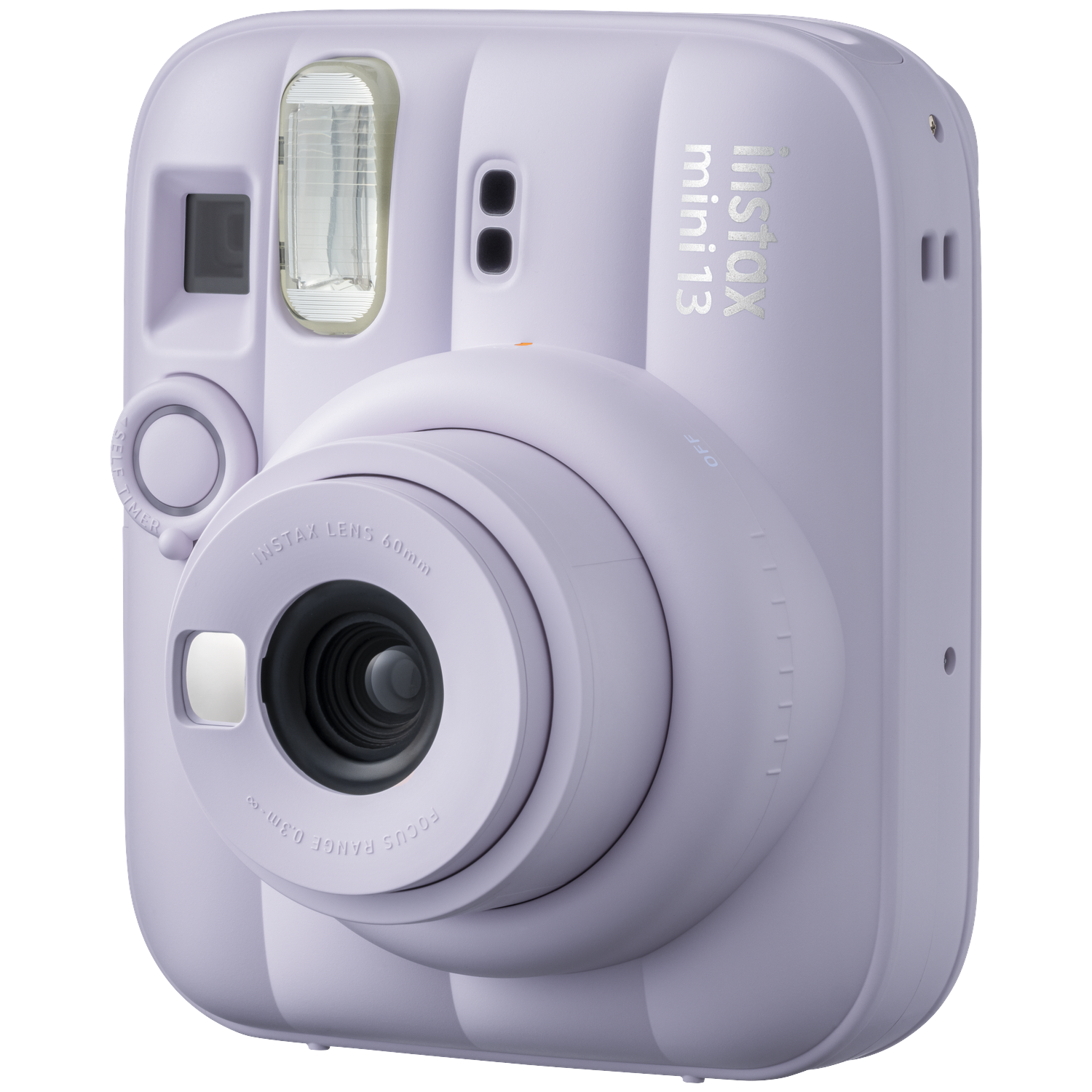 Een lila instant camera met Instax Mini 13 logo en lens.