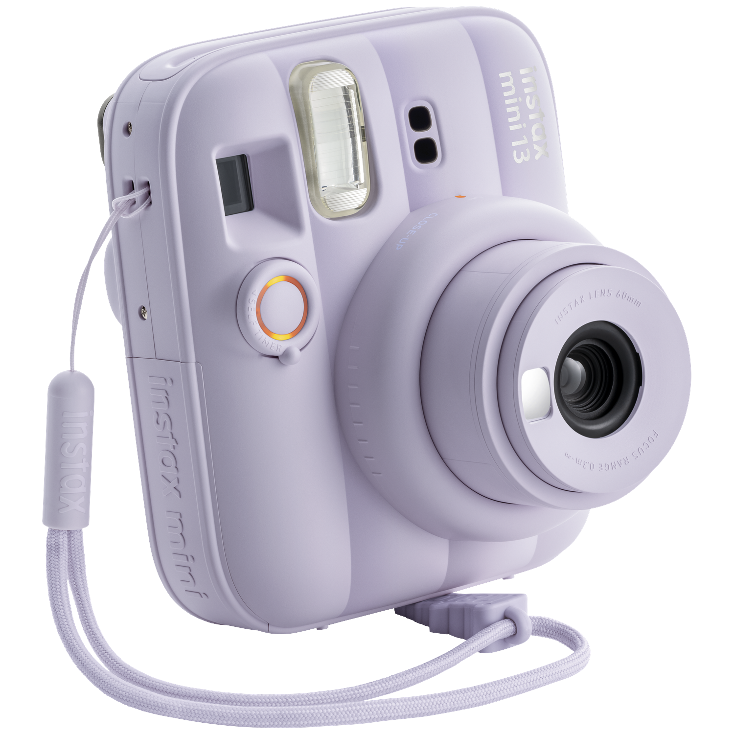 Een lavendelkleurige Instax Mini 13 instant camera met lens en flitser.